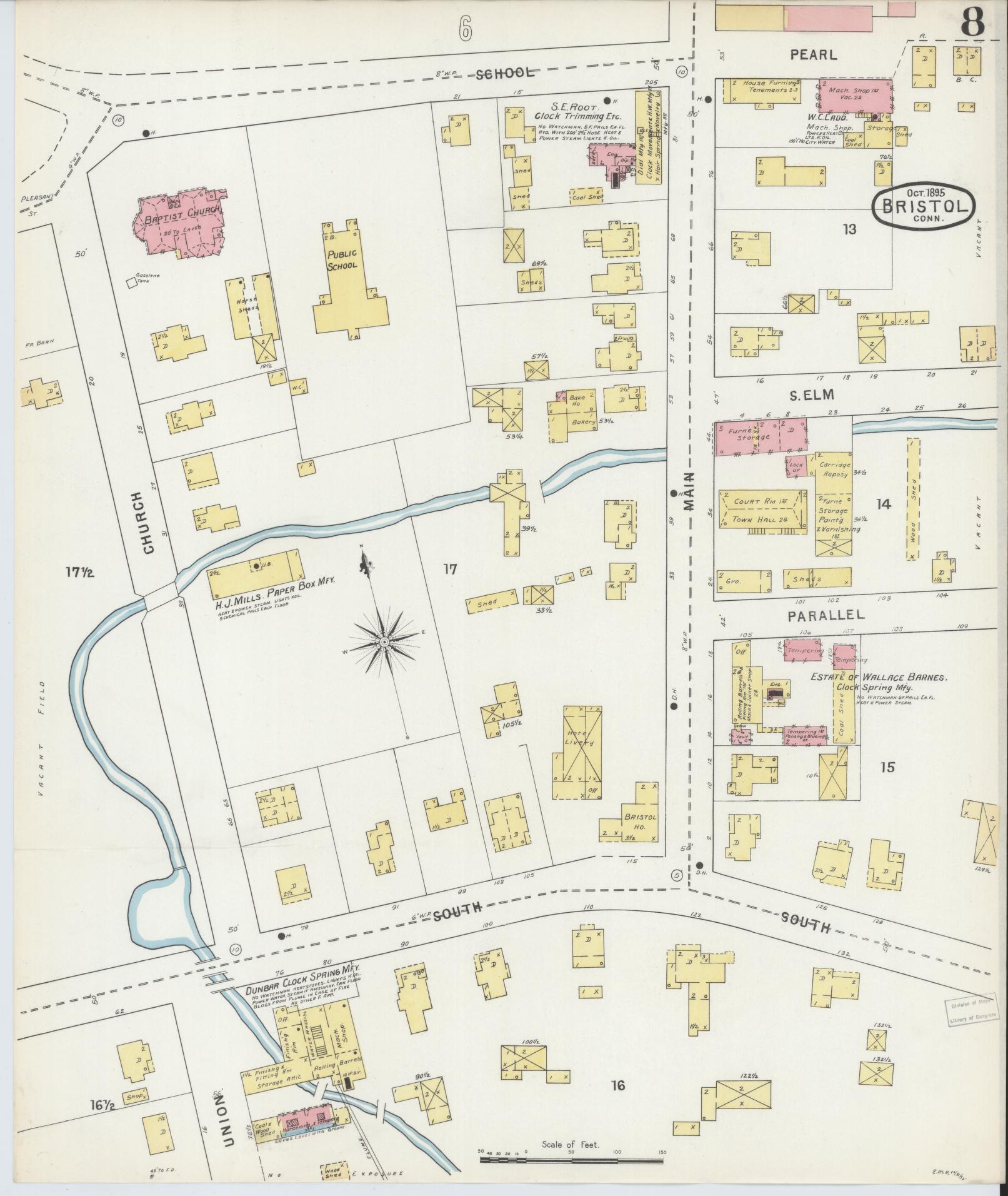 Sanborn Fire Insurance Map from Bristol, Hartford County, Connecticut (1895), Sheet #0008 - Historic Sanborn Fire Insurance Map Print, vintage old map wall art, antique decor, genealogy gift, Connecticut Connecticut map