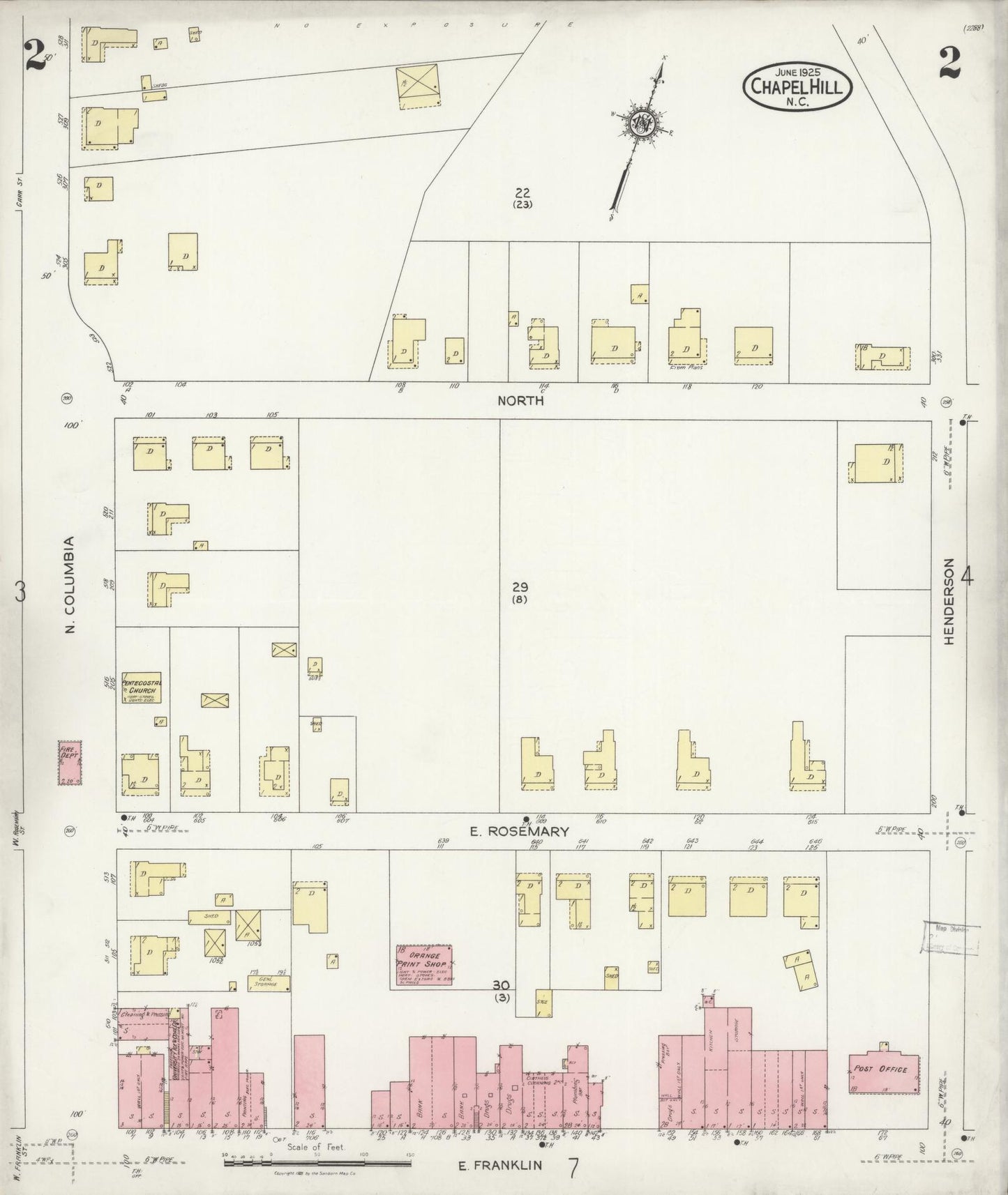 Sanborn Fire Insurance Map from Chapel Hill, Orange County, North Carolina (1925), Sheet #0002 - Complete Map Set gallery image, historic Sanborn map, vintage wall art, North Carolina North Carolina