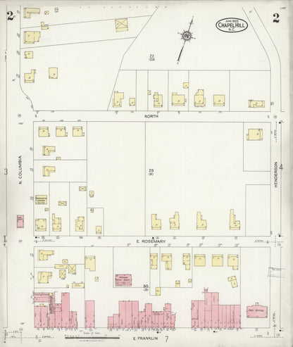 Sanborn Fire Insurance Map from Chapel Hill, Orange County, North Carolina (1925), Sheet #0002 - Complete Map Set gallery image, historic Sanborn map, vintage wall art, North Carolina North Carolina