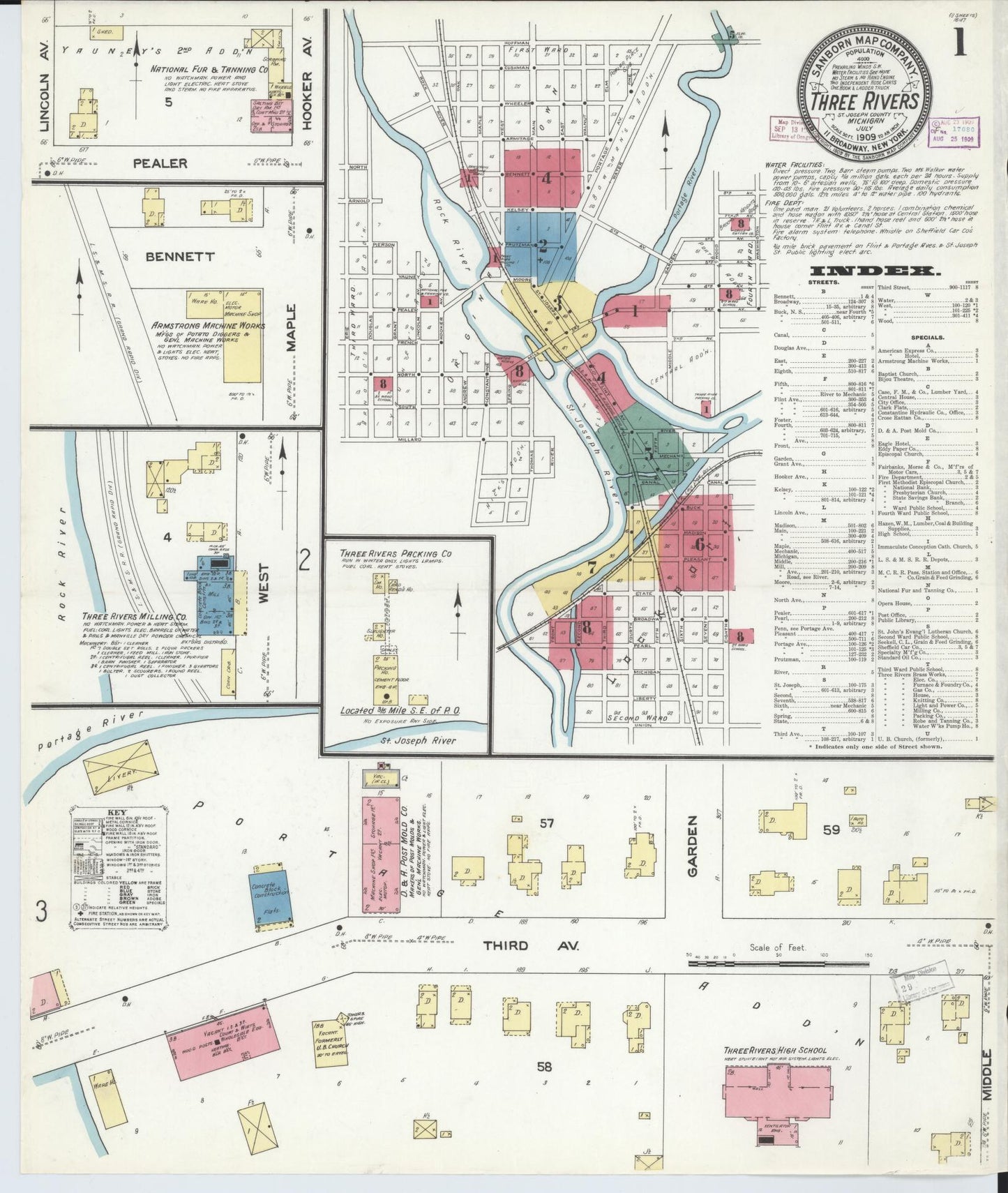 Sanborn Fire Insurance Map from Three Rivers, Saint Joseph County, Michigan (1909), Sheet #0001 - Historic Sanborn Fire Insurance Map Print, vintage old map wall art, antique decor, genealogy gift, Michigan Michigan map