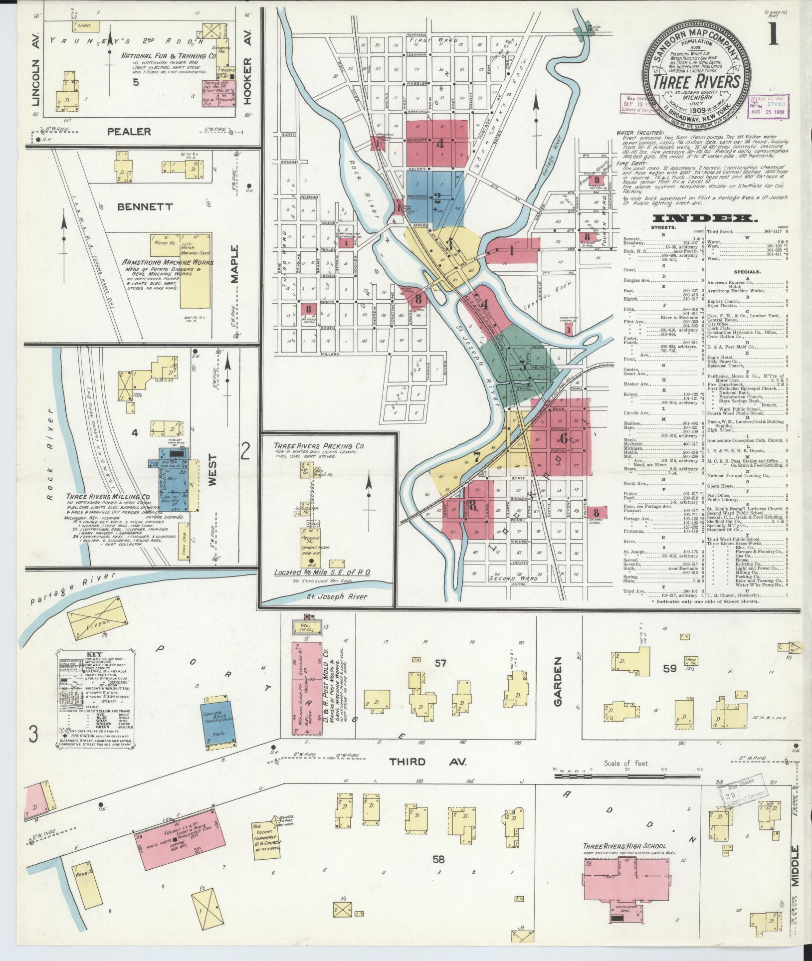 Sanborn Fire Insurance Map from Three Rivers, Saint Joseph County, Michigan (1909), Sheet #0001 - Historic Sanborn Fire Insurance Map Print, vintage old map wall art, antique decor, genealogy gift, Michigan Michigan map