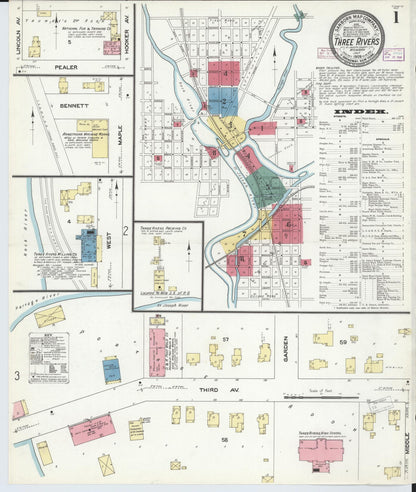 Sanborn Fire Insurance Map from Three Rivers, Saint Joseph County, Michigan (1909), Sheet #0001 - Historic Sanborn Fire Insurance Map Print, vintage old map wall art, antique decor, genealogy gift, Michigan Michigan map