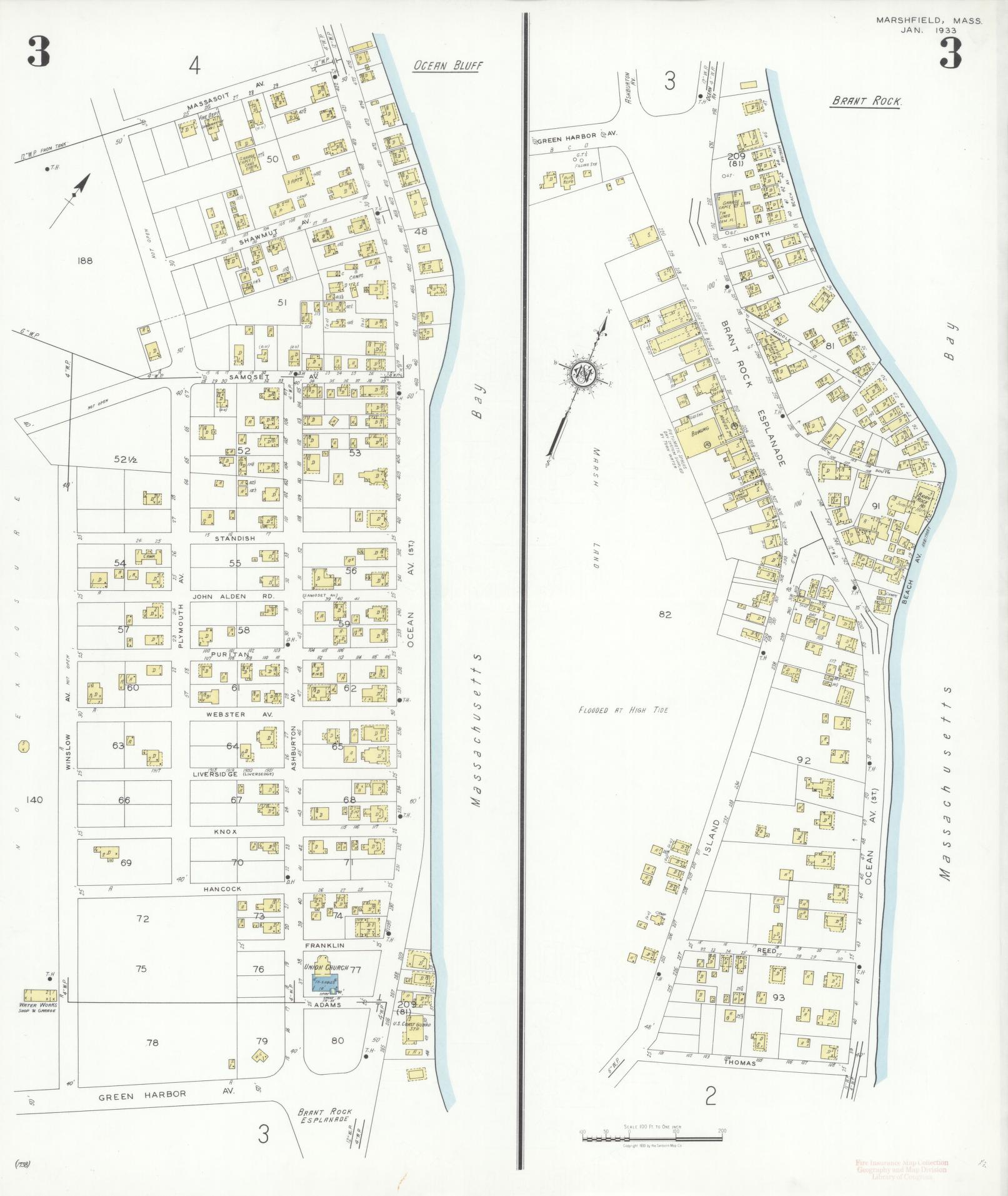 Sanborn Fire Insurance Map from Marshfield, Plymouth County, Massachusetts (1933), Sheet #0003 - Historic Sanborn Fire Insurance Map Print, vintage old map wall art, antique decor, genealogy gift, Massachusetts Massachusetts map