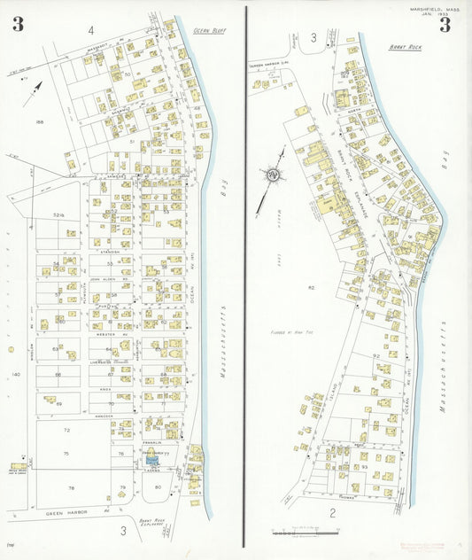 Sanborn Fire Insurance Map from Marshfield, Plymouth County, Massachusetts (1933), Sheet #0003 - Historic Sanborn Fire Insurance Map Print, vintage old map wall art, antique decor, genealogy gift, Massachusetts Massachusetts map