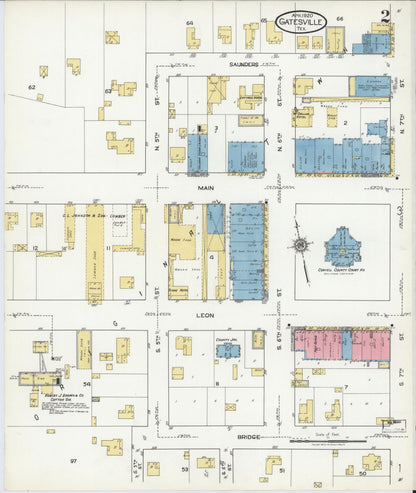 Sanborn Fire Insurance Map from Gatesville, Coryell County, Texas (1920), Sheet #0002 - Historic Sanborn Fire Insurance Map Print, vintage old map wall art, antique decor, genealogy gift, Texas Texas map