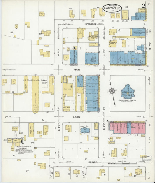 Sanborn Fire Insurance Map from Gatesville, Coryell County, Texas (1920), Sheet #0002 - Historic Sanborn Fire Insurance Map Print, vintage old map wall art, antique decor, genealogy gift, Texas Texas map
