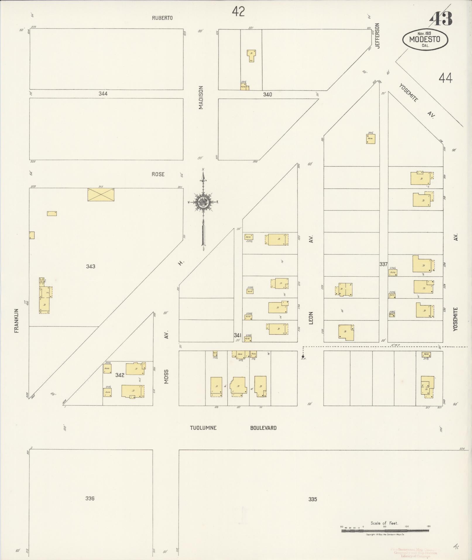 Sanborn Fire Insurance Map from Modesto, Stanislaus County, California (1919), Sheet #0043 - Complete Map Set gallery image, historic Sanborn map, vintage wall art, California California