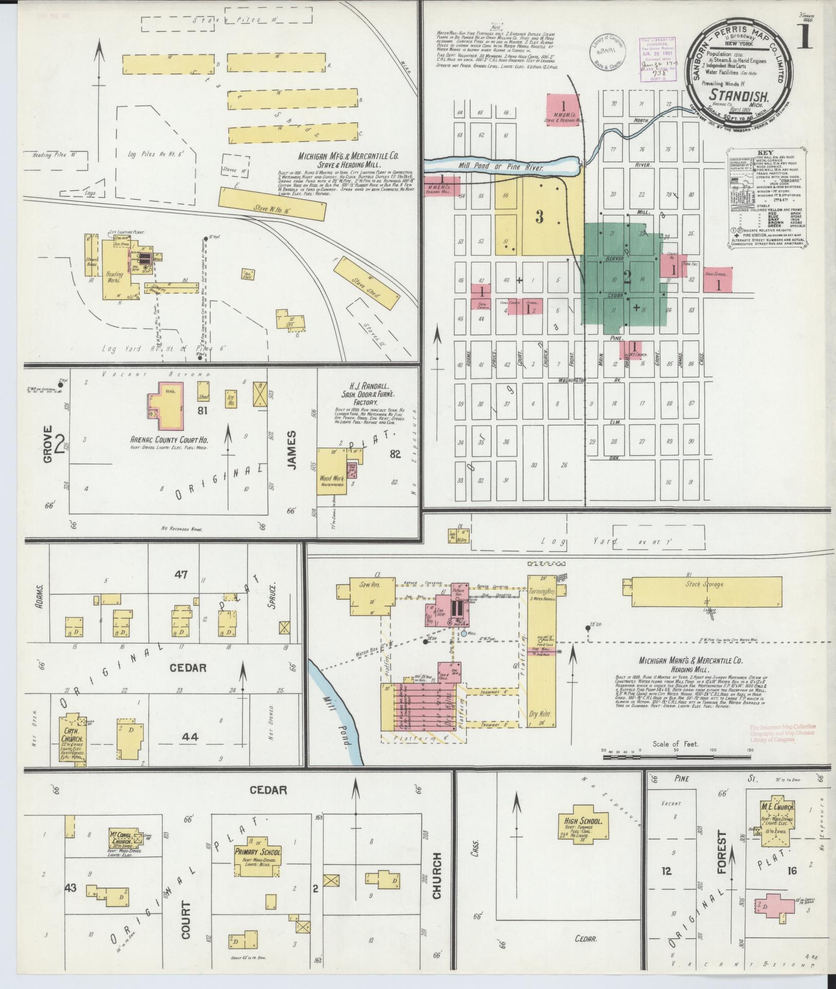Sanborn Fire Insurance Map from Standish, Arenac County, Michigan (1901), Sheet #0001 - Complete Map Set gallery image, historic Sanborn map, vintage wall art, Michigan Michigan