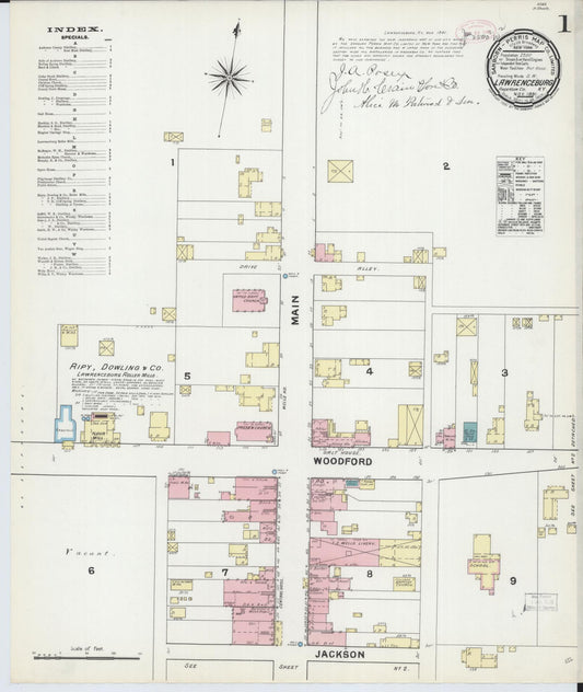 Sanborn Fire Insurance Map from Lawrenceburg, Anderson County, Kentucky (1891), Sheet #0001 - Historic Sanborn Fire Insurance Map Print, vintage old map wall art, antique decor, genealogy gift, Kentucky Kentucky map