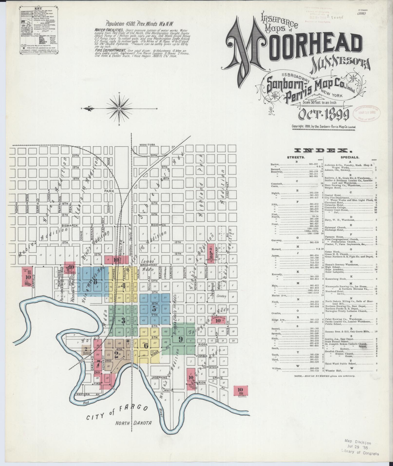 Sanborn Fire Insurance Map from Moorhead, Clay County, Minnesota (1899), Sheet #0001 - Historic Sanborn Fire Insurance Map Print, vintage old map wall art, antique decor, genealogy gift, Minnesota Minnesota map