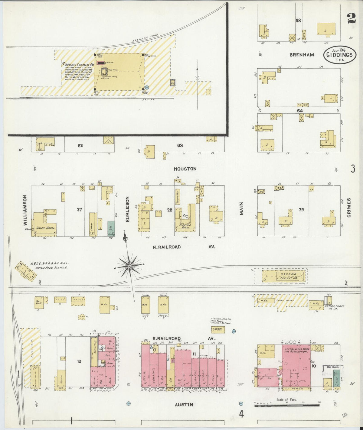 Sanborn Fire Insurance Map from Giddings, Lee County, Texas (1906), Sheet #0002 - Historic Sanborn Fire Insurance Map Print, vintage old map wall art, antique decor, genealogy gift, Texas Texas map