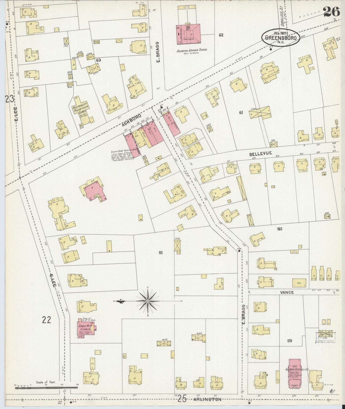 Sanborn Fire Insurance Map from Greensboro, Guilford County, North Carolina (1907), Sheet #0026 - Complete Map Set gallery image, historic Sanborn map, vintage wall art, North Carolina North Carolina