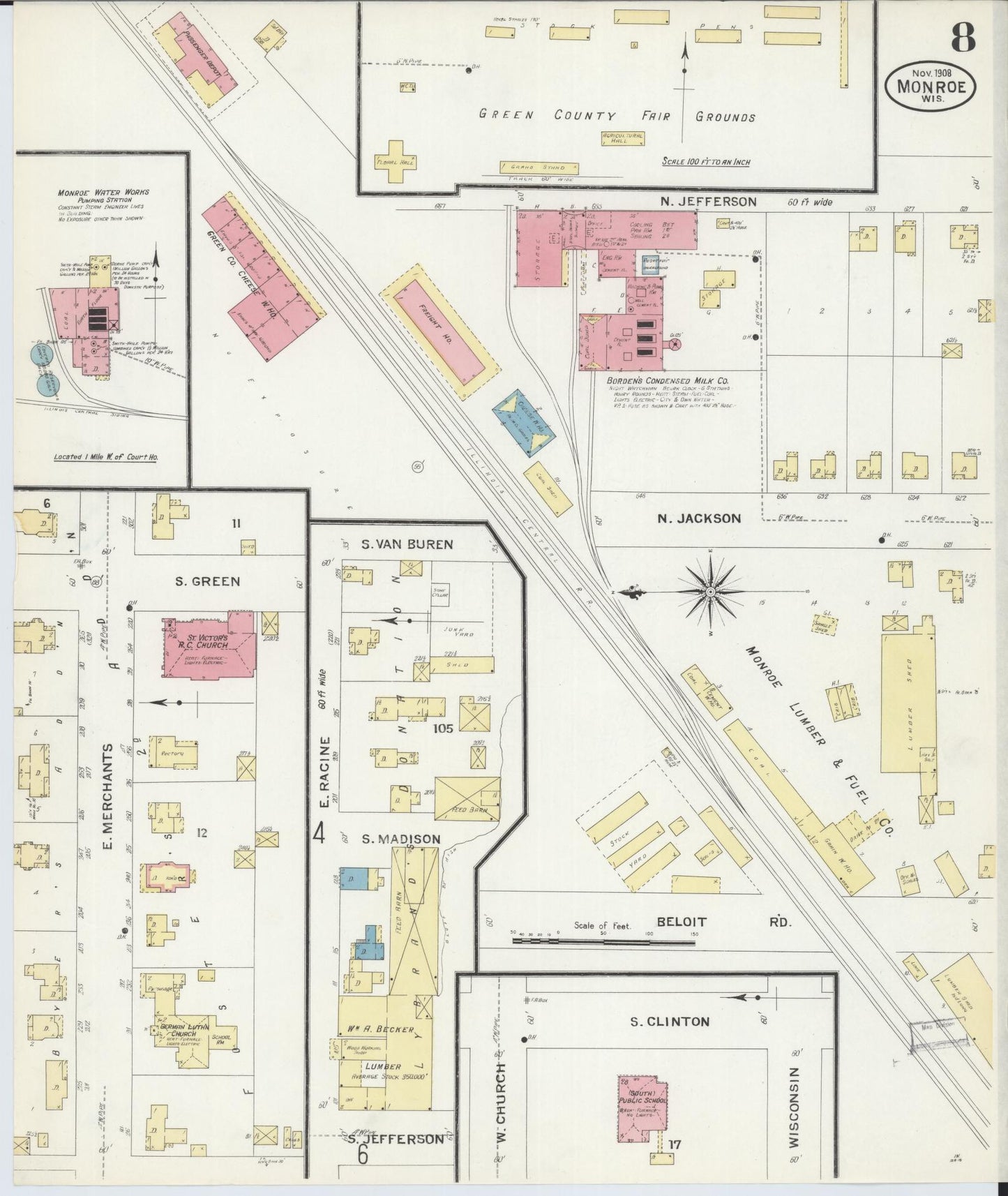 Sanborn Fire Insurance Map from Monroe, Green County, Wisconsin (1908), Sheet #0008 - Historic Sanborn Fire Insurance Map Print, vintage old map wall art, antique decor, genealogy gift, Wisconsin Wisconsin map