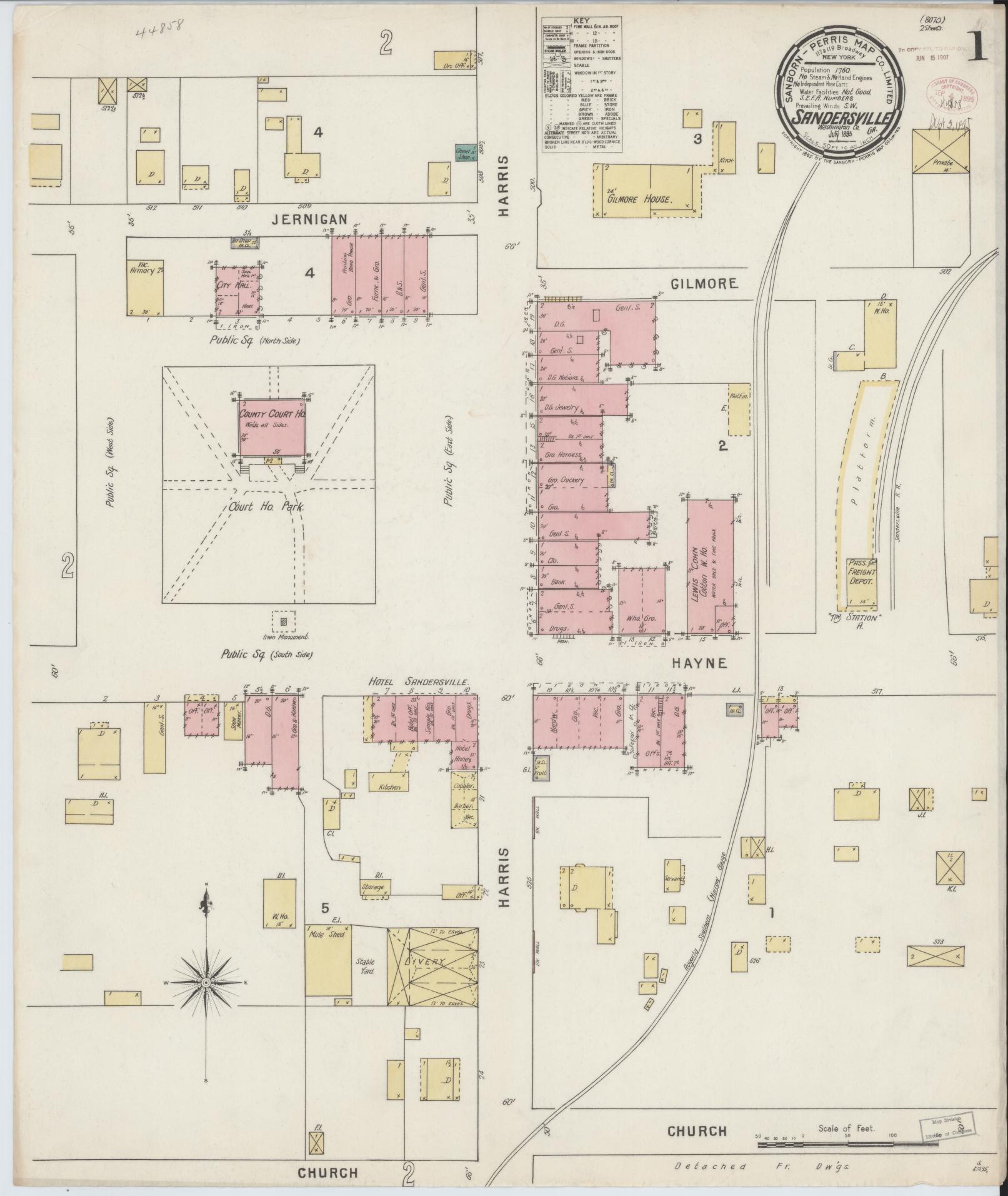 Sanborn Fire Insurance Map from Sandersville, Washington County, Georgia (1895), Sheet #0001 - Complete Map Set gallery image, historic Sanborn map, vintage wall art, Georgia Georgia