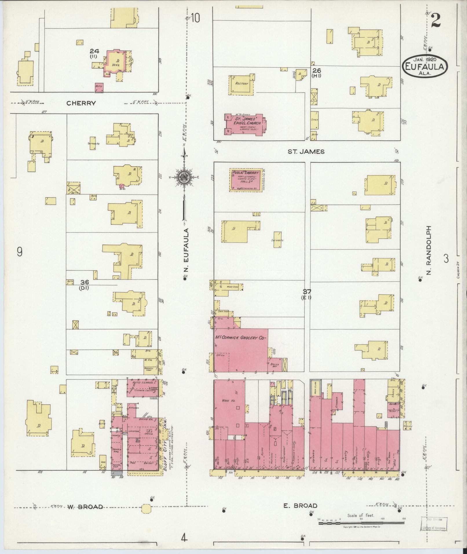 Sanborn Fire Insurance Map from Eufaula, Barbour County, Alabama (1920), Sheet #0002 - Historic Sanborn Fire Insurance Map Print, vintage old map wall art, antique decor, genealogy gift, Alabama Alabama map