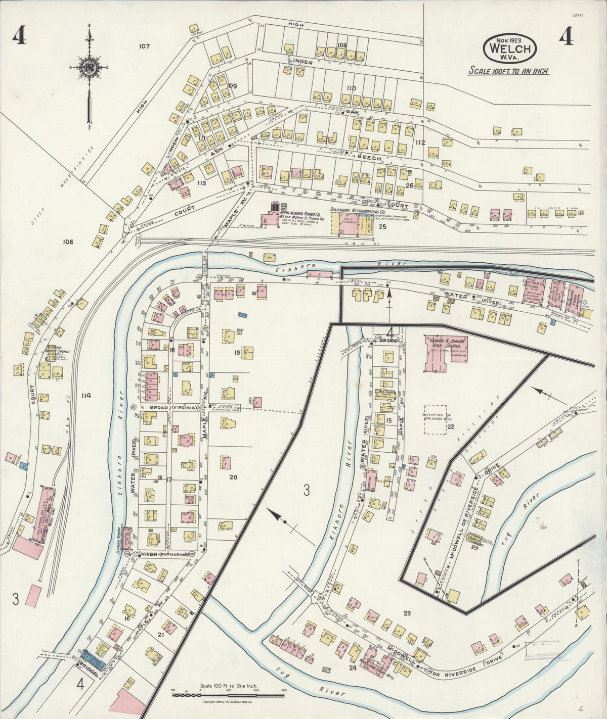 Sanborn Fire Insurance Map from Welch, Mcdowell County, West Virginia (1923), Sheet #0004 - Historic Sanborn Fire Insurance Map Print, vintage old map wall art, antique decor, genealogy gift, West Virginia West Virginia map