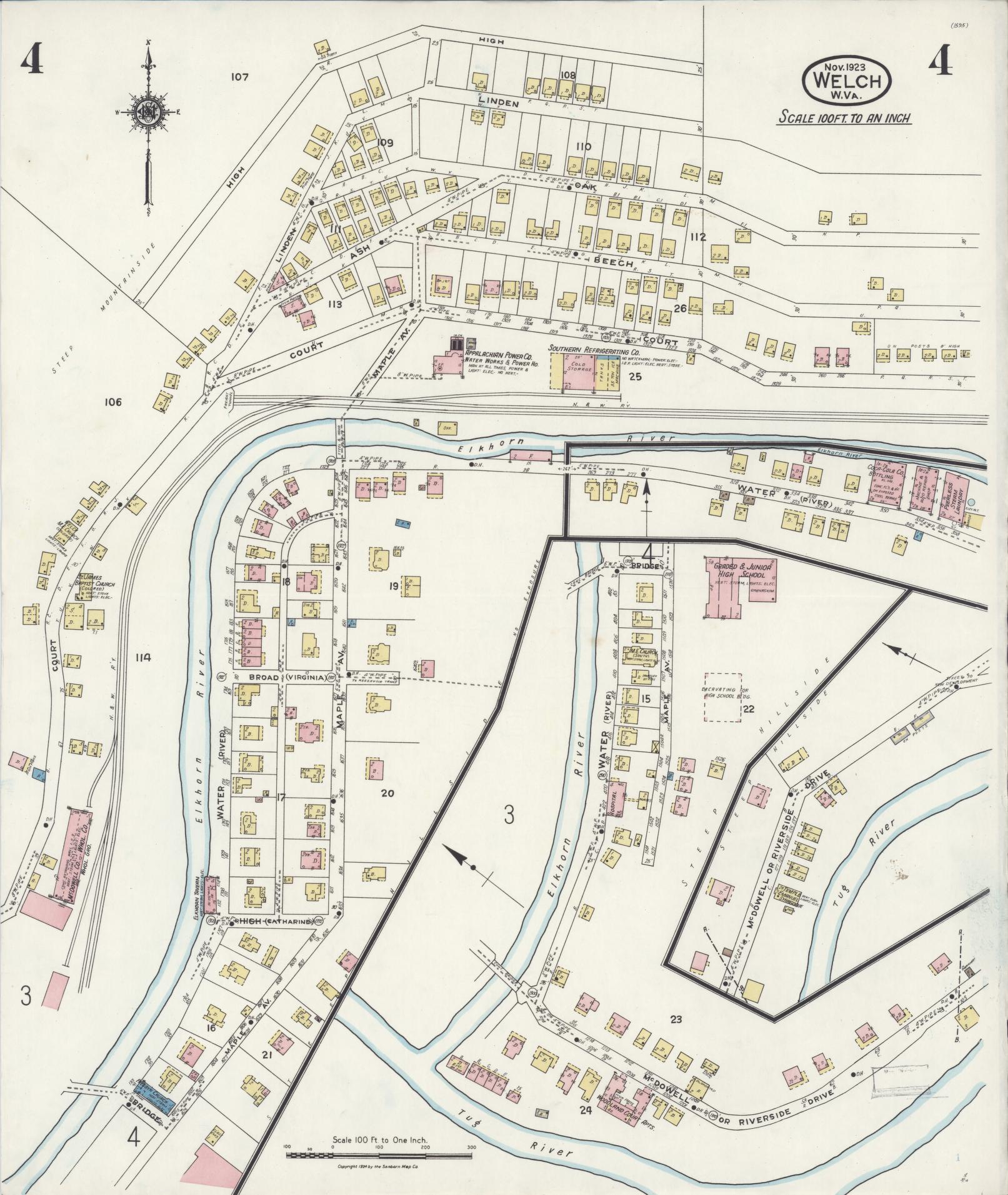 Sanborn Fire Insurance Map from Welch, Mcdowell County, West Virginia (1923), Sheet #0004 - Historic Sanborn Fire Insurance Map Print, vintage old map wall art, antique decor, genealogy gift, West Virginia West Virginia map