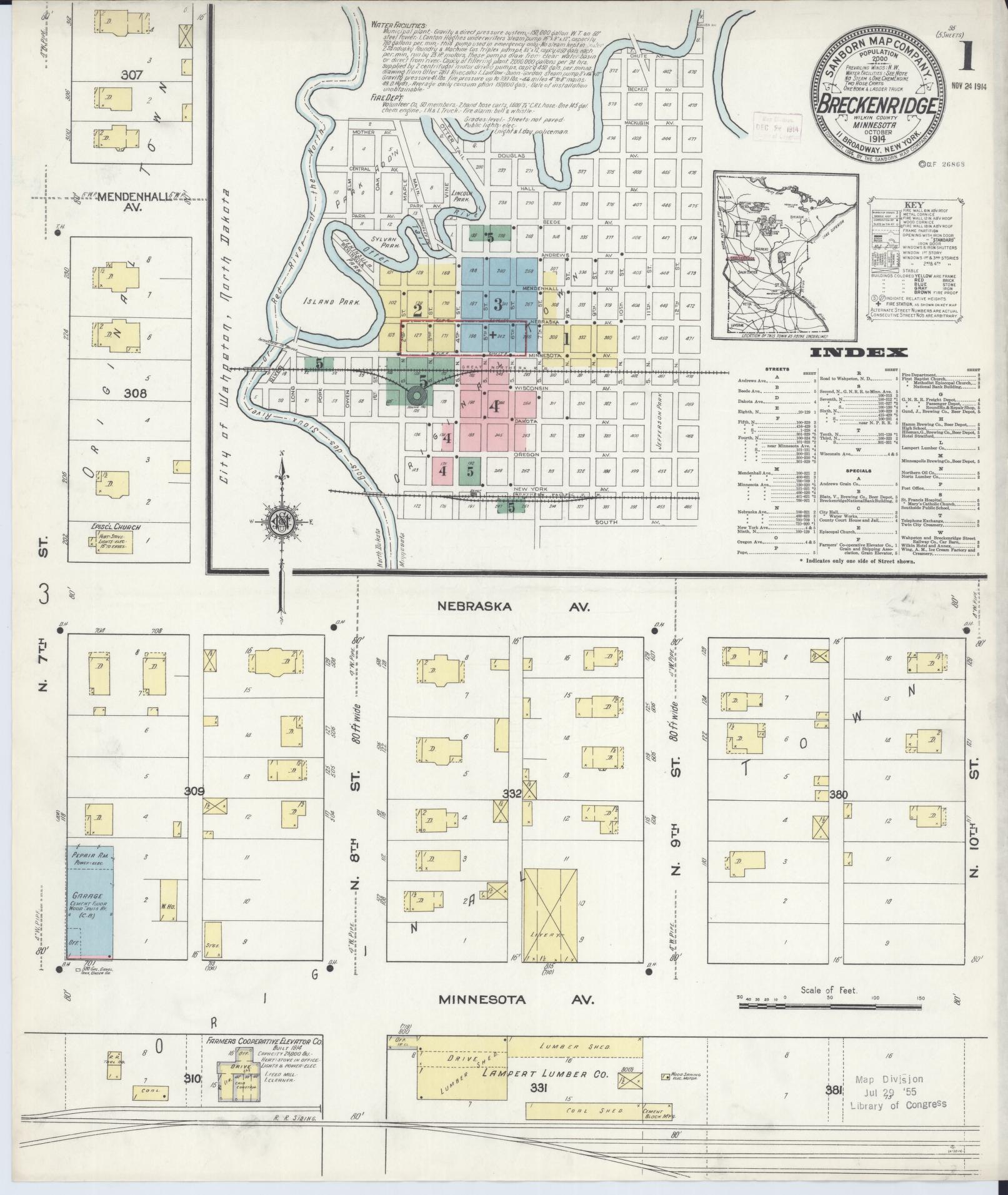 Sanborn Fire Insurance Map from Breckenridge, Wilkin County, Minnesota (1914), Sheet #0001 - Historic Sanborn Fire Insurance Map Print, vintage old map wall art, antique decor, genealogy gift, Minnesota Minnesota map