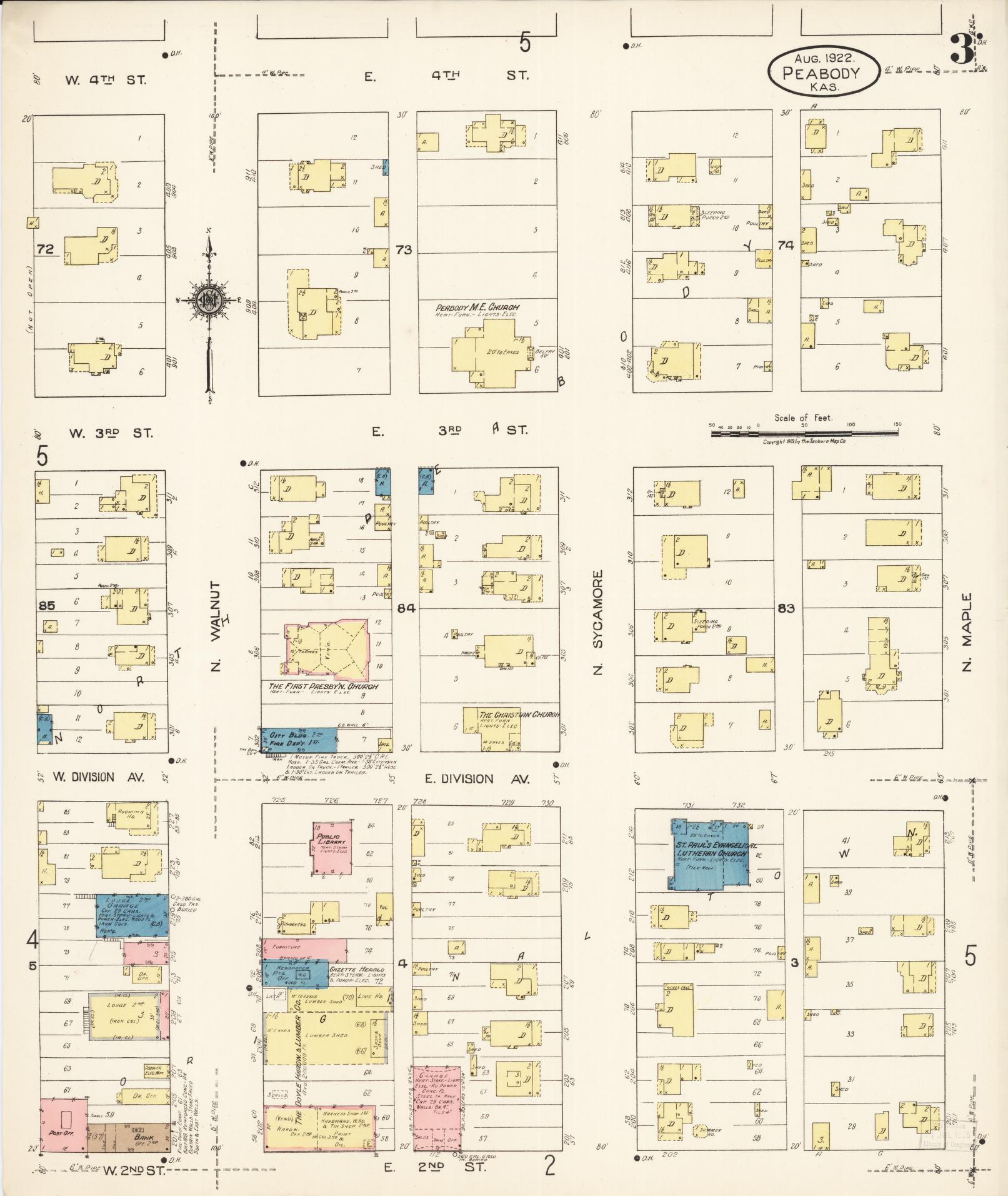 Sanborn Fire Insurance Map from Peabody, Marion County, Kansas (1922), Sheet #0003 - Historic Sanborn Fire Insurance Map Print, vintage old map wall art, antique decor, genealogy gift, Kansas Kansas map