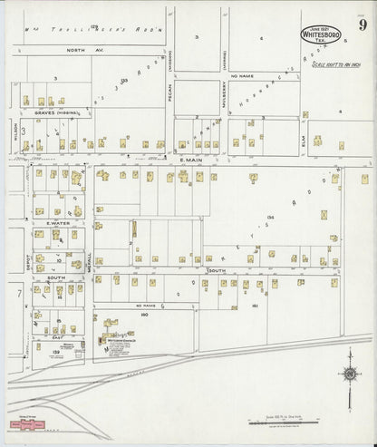 Sanborn Fire Insurance Map from Whitesboro, Grayson County, Texas (1921), Sheet #0009 - Historic Sanborn Fire Insurance Map Print, vintage old map wall art, antique decor, genealogy gift, Texas Texas map