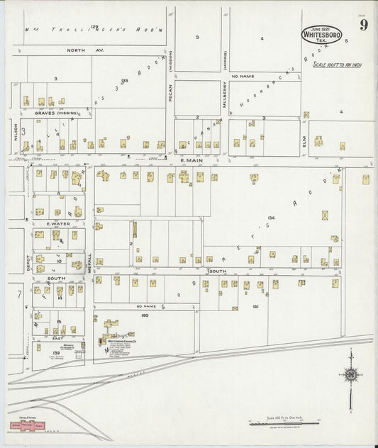 Sanborn Fire Insurance Map from Whitesboro, Grayson County, Texas (1921), Sheet #0009 - Historic Sanborn Fire Insurance Map Print, vintage old map wall art, antique decor, genealogy gift, Texas Texas map