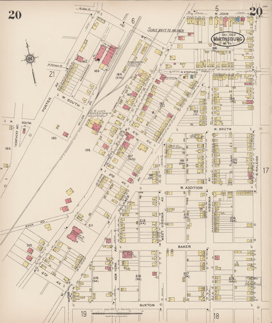 Sanborn Fire Insurance Map from Martinsburg, Berkeley County, West Virginia (1922), Sheet #0020 - Historic Sanborn Fire Insurance Map Print, vintage old map wall art, antique decor, genealogy gift, West Virginia West Virginia map