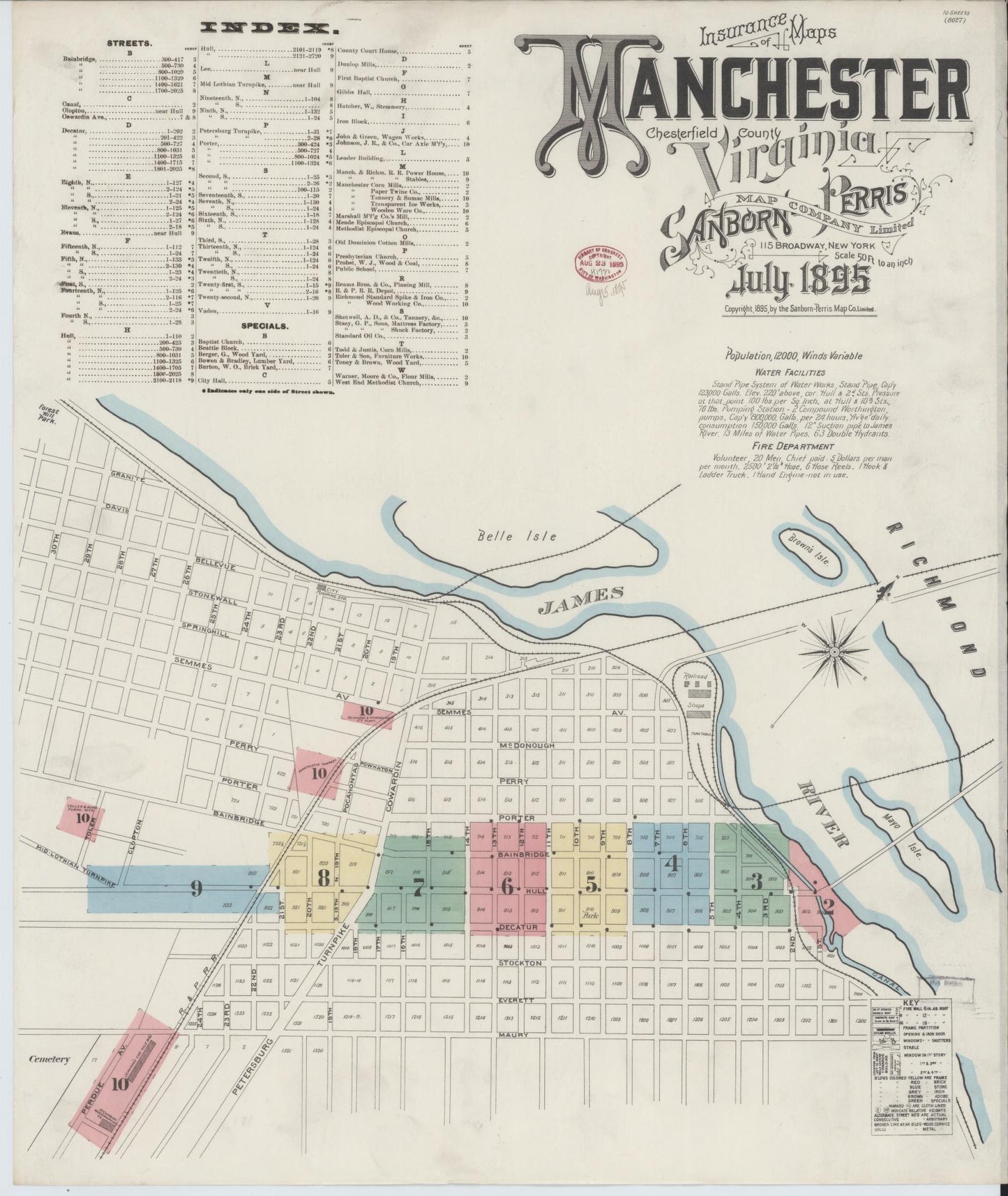 Sanborn Fire Insurance Map from Manchester, Chesterfield County, Virginia. (1895), Sheet 1 – Historic Sanborn Fire Insurance Map Print