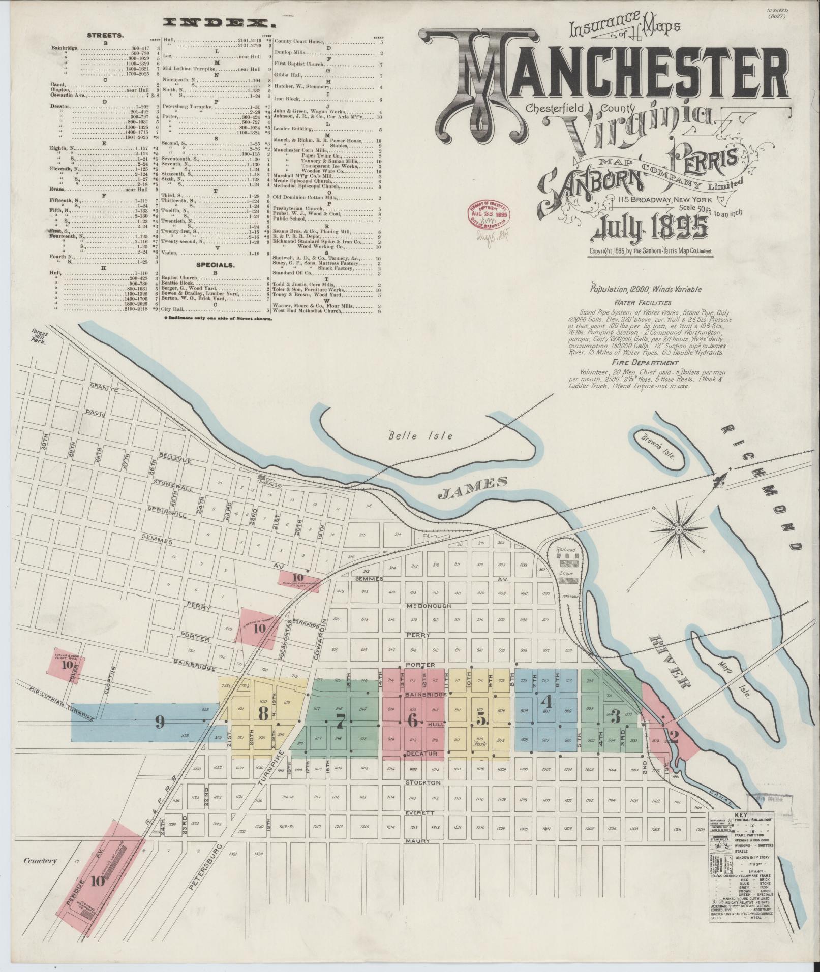 Sanborn Fire Insurance Map from Manchester, Chesterfield County, Virginia. (1895), Sheet 1 – Historic Sanborn Fire Insurance Map Print