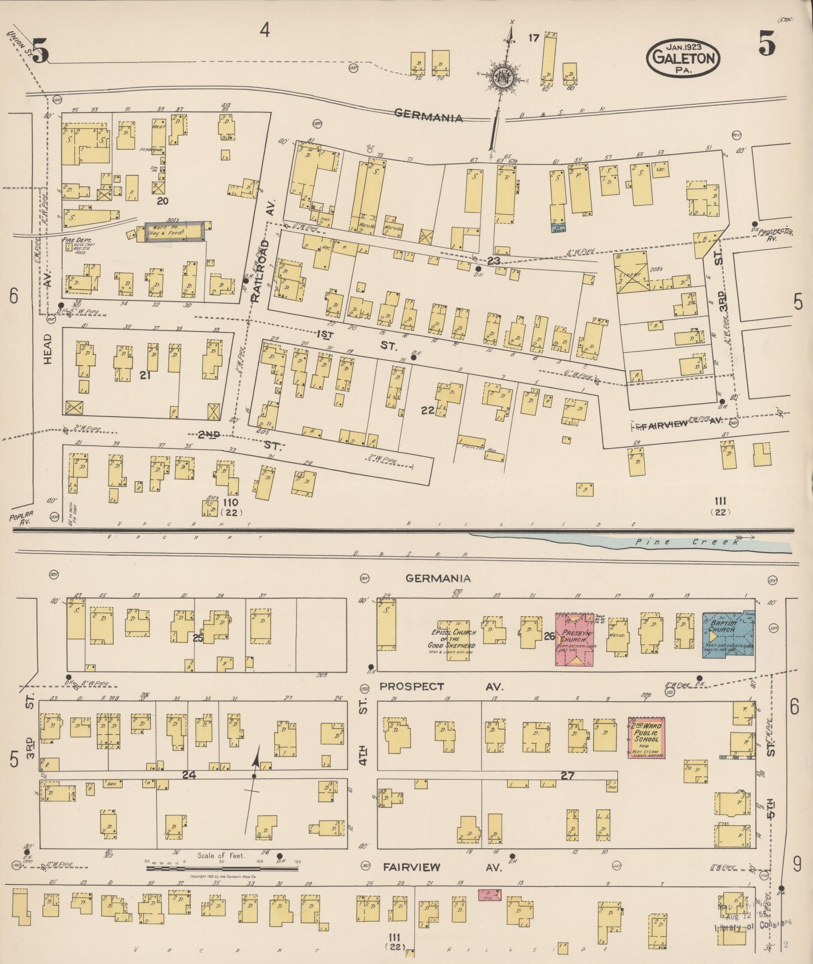 Sanborn Fire Insurance Map from Galeton, Potter County, Pennsylvania (1923), Sheet #0005 - Historic Sanborn Fire Insurance Map Print, vintage old map wall art, antique decor, genealogy gift, Pennsylvania Pennsylvania map