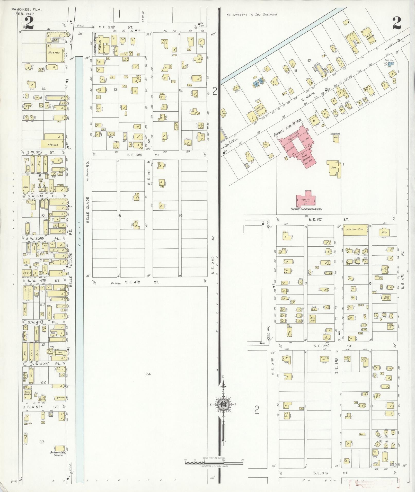 Sanborn Fire Insurance Map from Pahokee, Palm Beach County, Florida (1942), Sheet #0002 - Complete Map Set gallery image, historic Sanborn map, vintage wall art, Florida Florida