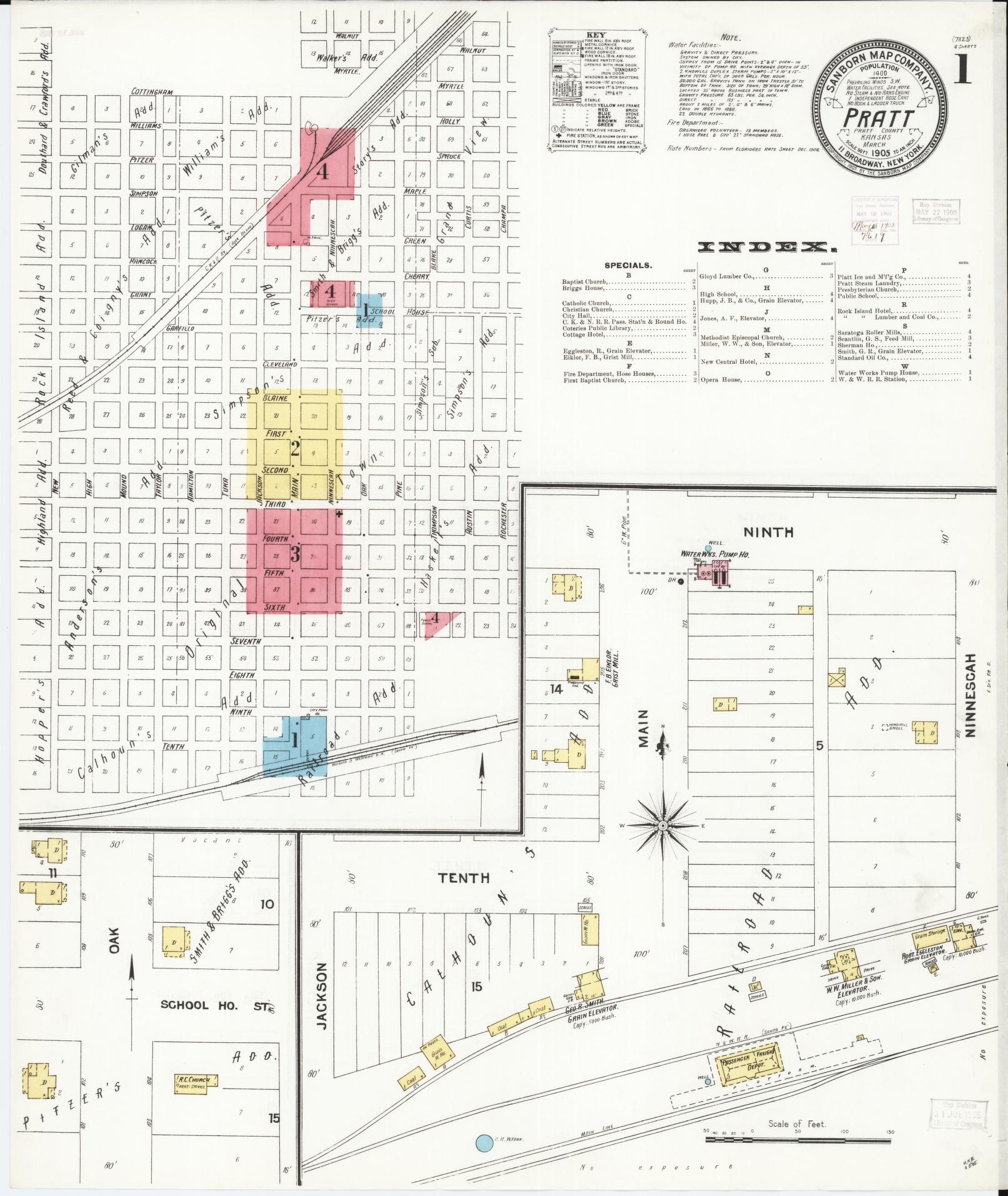 Sanborn Fire Insurance Map from Pratt, Pratt County, Kansas (1905), Sheet #0001 - Historic Sanborn Fire Insurance Map Print, vintage old map wall art, antique decor, genealogy gift, Kansas Kansas map