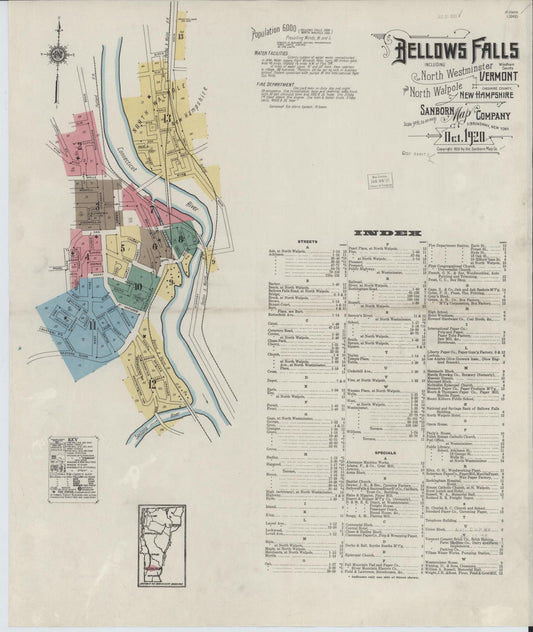 Sanborn Fire Insurance Map from Bellows Falls, Windham County, Vermont (1920), Sheet #0001 - Historic Sanborn Fire Insurance Map Print, vintage old map wall art, antique decor, genealogy gift, Vermont Vermont map