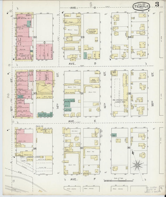 Sanborn Fire Insurance Map from Temple, Bell County, Texas (1893), Sheet #0003 - Historic Sanborn Fire Insurance Map Print, vintage old map wall art, antique decor, genealogy gift, Texas Texas map