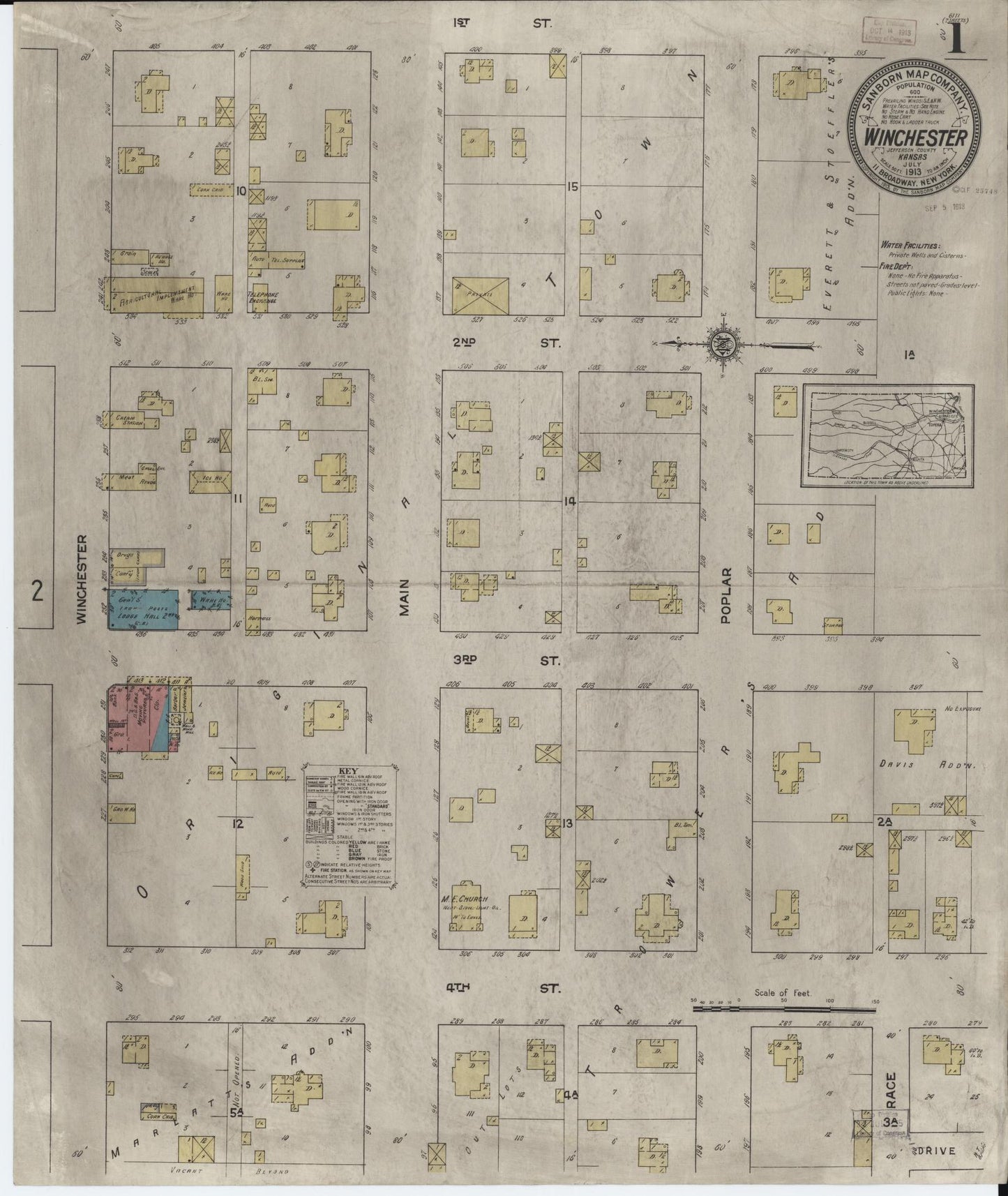 Sanborn Fire Insurance Map from Winchester, Jefferson County, Kansas (1913), Sheet #0001 - Historic Sanborn Fire Insurance Map Print, vintage old map wall art, antique decor, genealogy gift, Kansas Kansas map