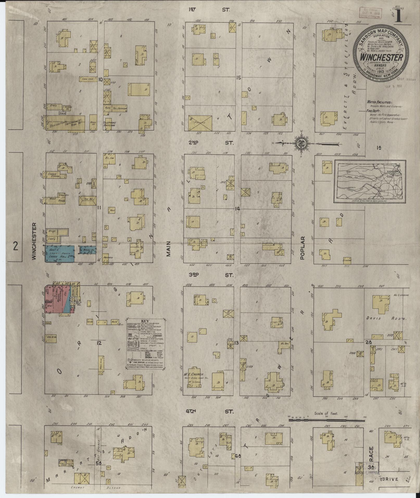 Sanborn Fire Insurance Map from Winchester, Jefferson County, Kansas (1913), Sheet #0001 - Historic Sanborn Fire Insurance Map Print, vintage old map wall art, antique decor, genealogy gift, Kansas Kansas map