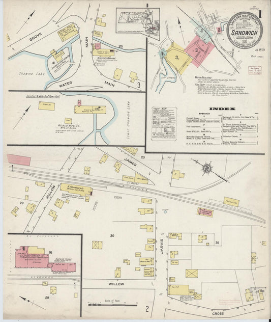Sanborn Fire Insurance Map from Sandwich, Barnstable County, Massachusetts (1915), Sheet #0001 - Historic Sanborn Fire Insurance Map Print, vintage old map wall art, antique decor, genealogy gift, Massachusetts Massachusetts map
