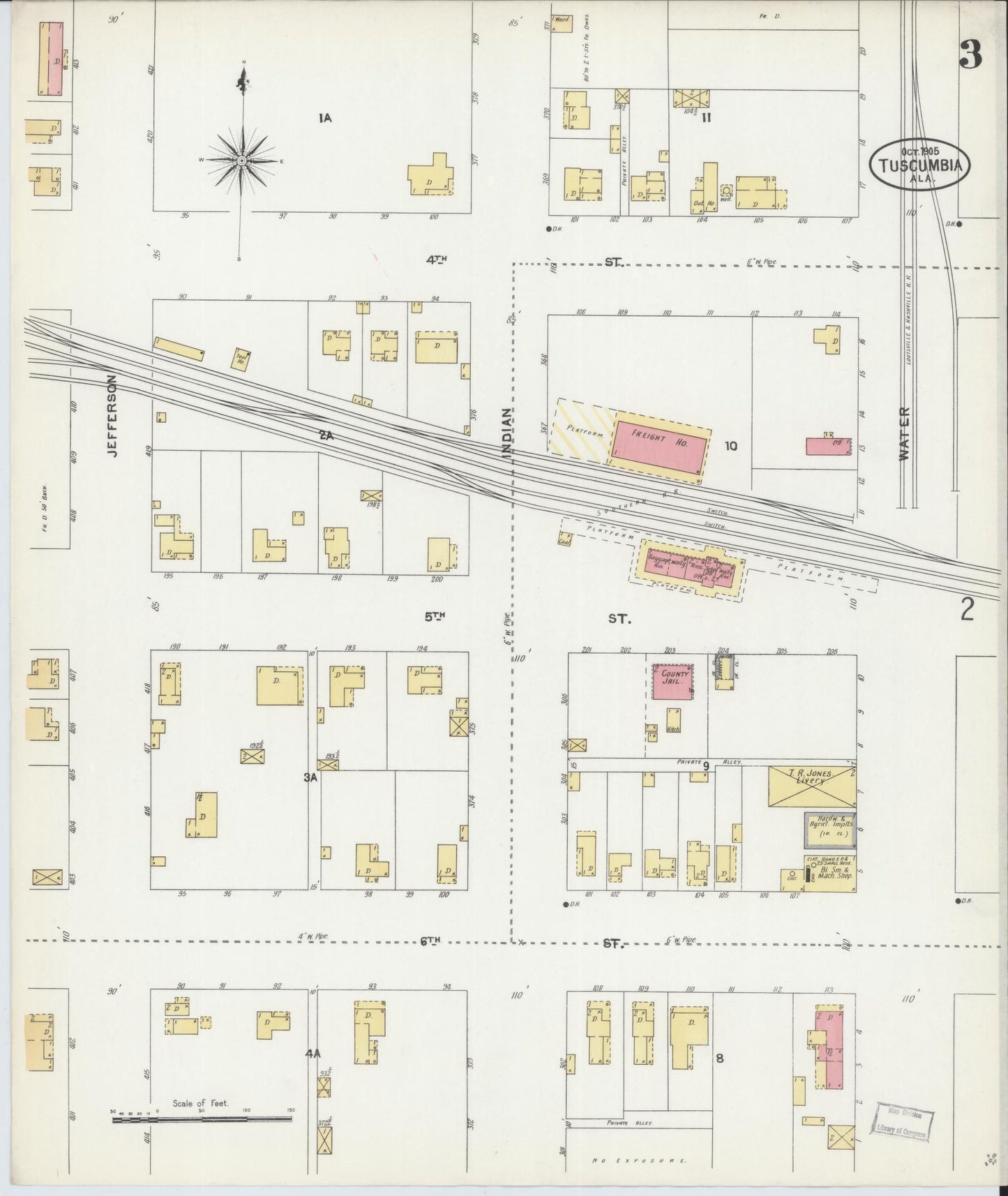 Sanborn Fire Insurance Map from Tuscumbia, Colbert County, Alabama (1905), Sheet #0003 - Historic Sanborn Fire Insurance Map Print, vintage old map wall art, antique decor, genealogy gift, Alabama Alabama map