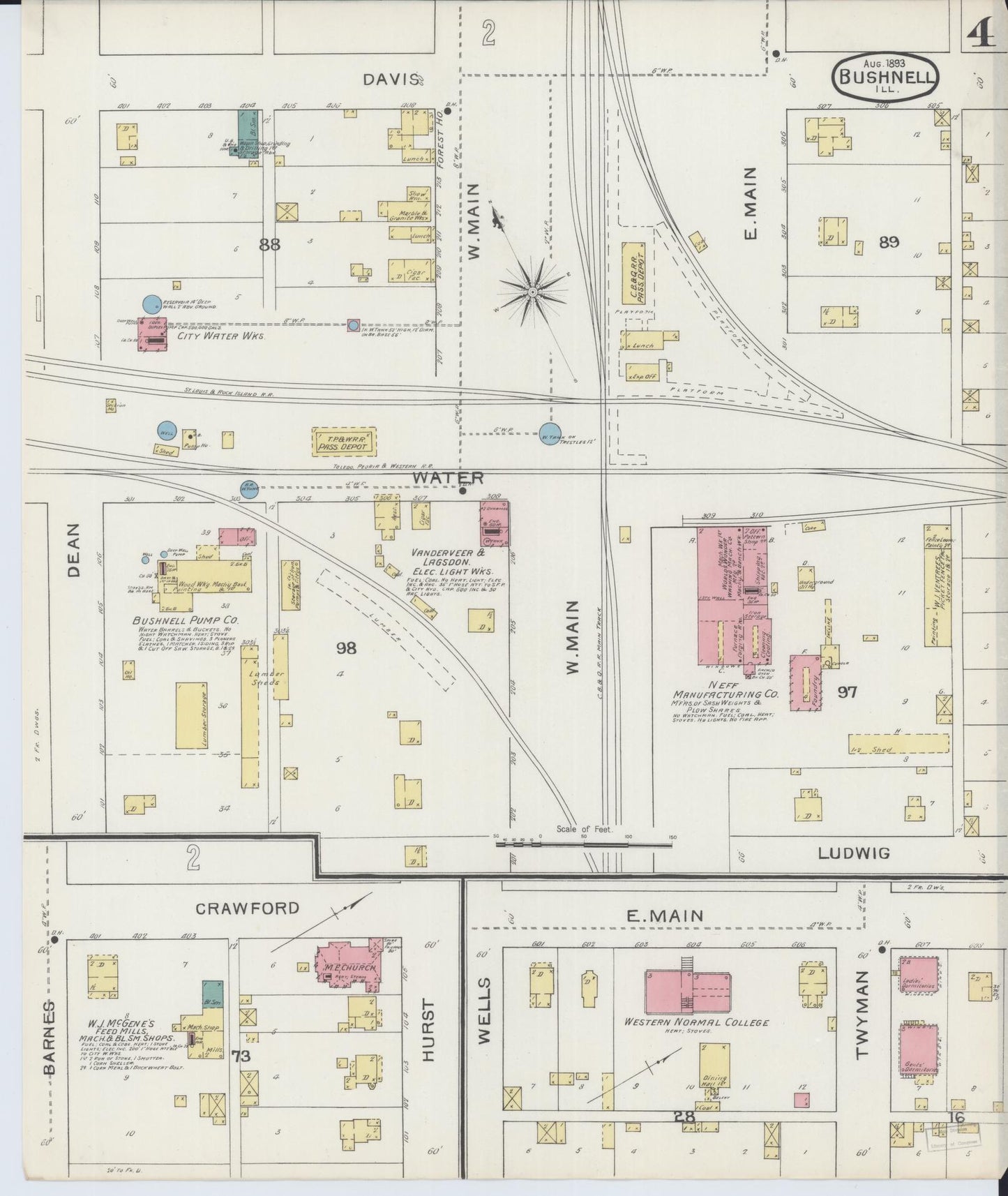 Sanborn Fire Insurance Map from Bushnell, Mcdonough County, Illinois (1893), Sheet #0004 - Complete Map Set gallery image, historic Sanborn map, vintage wall art, Illinois Illinois