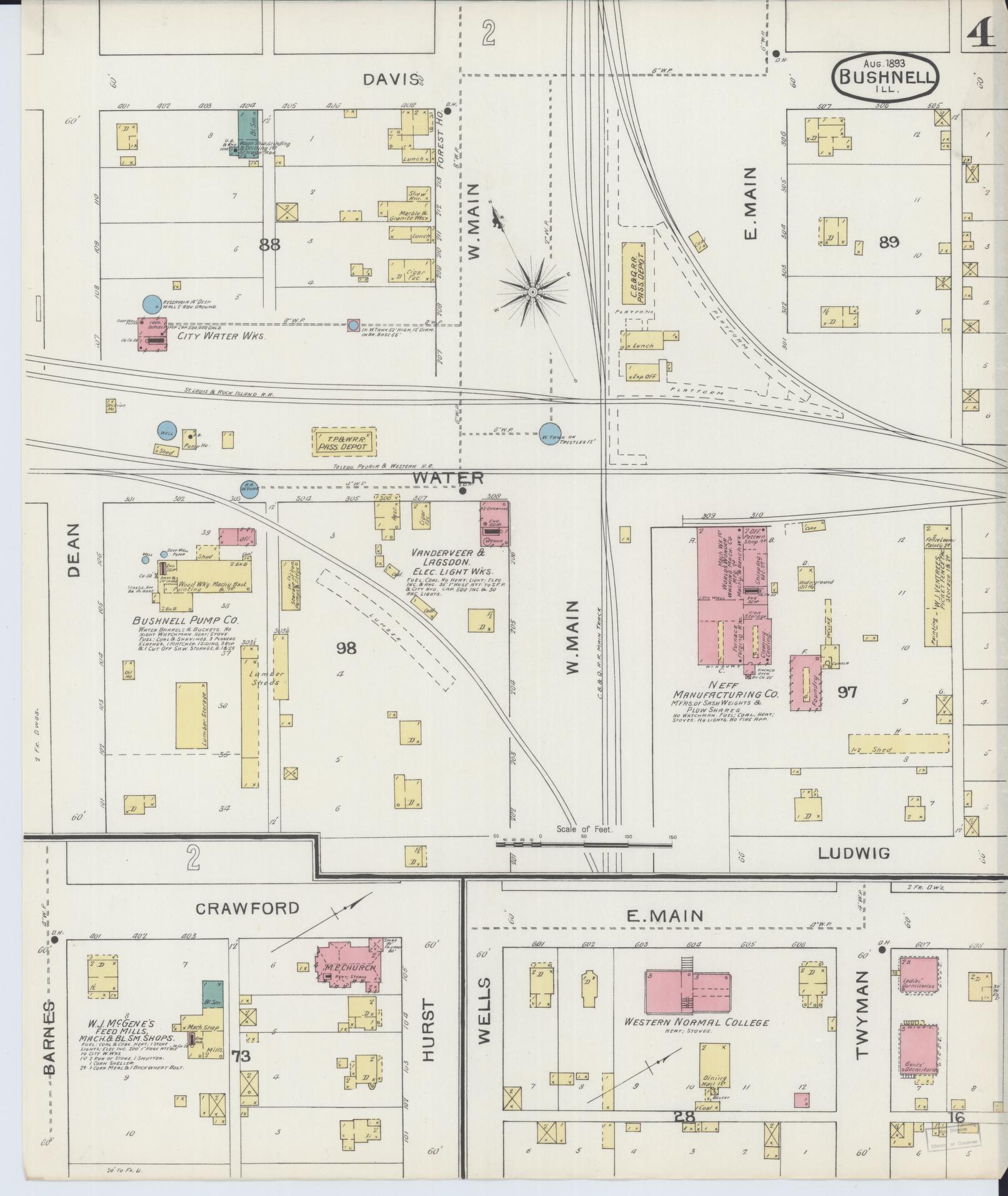 Sanborn Fire Insurance Map from Bushnell, Mcdonough County, Illinois (1893), Sheet #0004 - Complete Map Set gallery image, historic Sanborn map, vintage wall art, Illinois Illinois