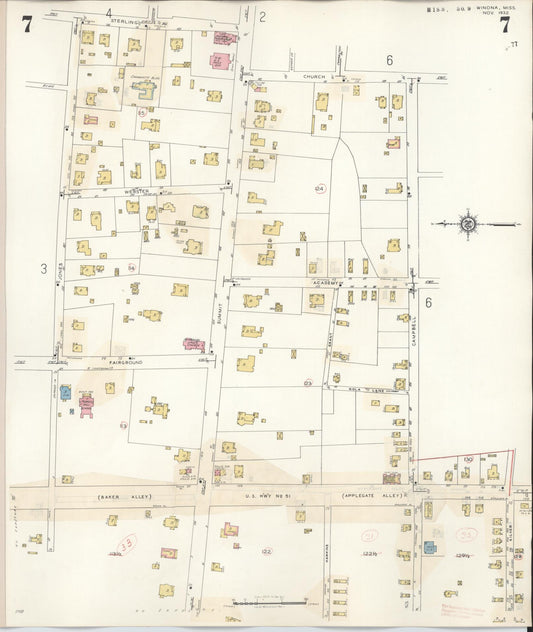Sanborn Fire Insurance Map from Winona, Montgomery County, Mississippi (1940), Sheet #0007 - Historic Sanborn Fire Insurance Map Print, vintage old map wall art, antique decor, genealogy gift, Mississippi Mississippi map