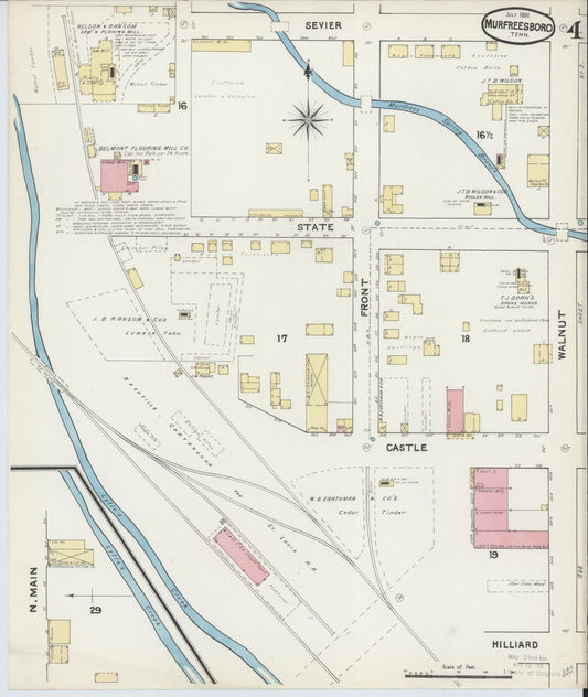 Sanborn Fire Insurance Map from Murfreesboro, Rutherford County, Tennessee (1891), Sheet #0004 - Historic Sanborn Fire Insurance Map Print, vintage old map wall art, antique decor, genealogy gift, Tennessee Tennessee map