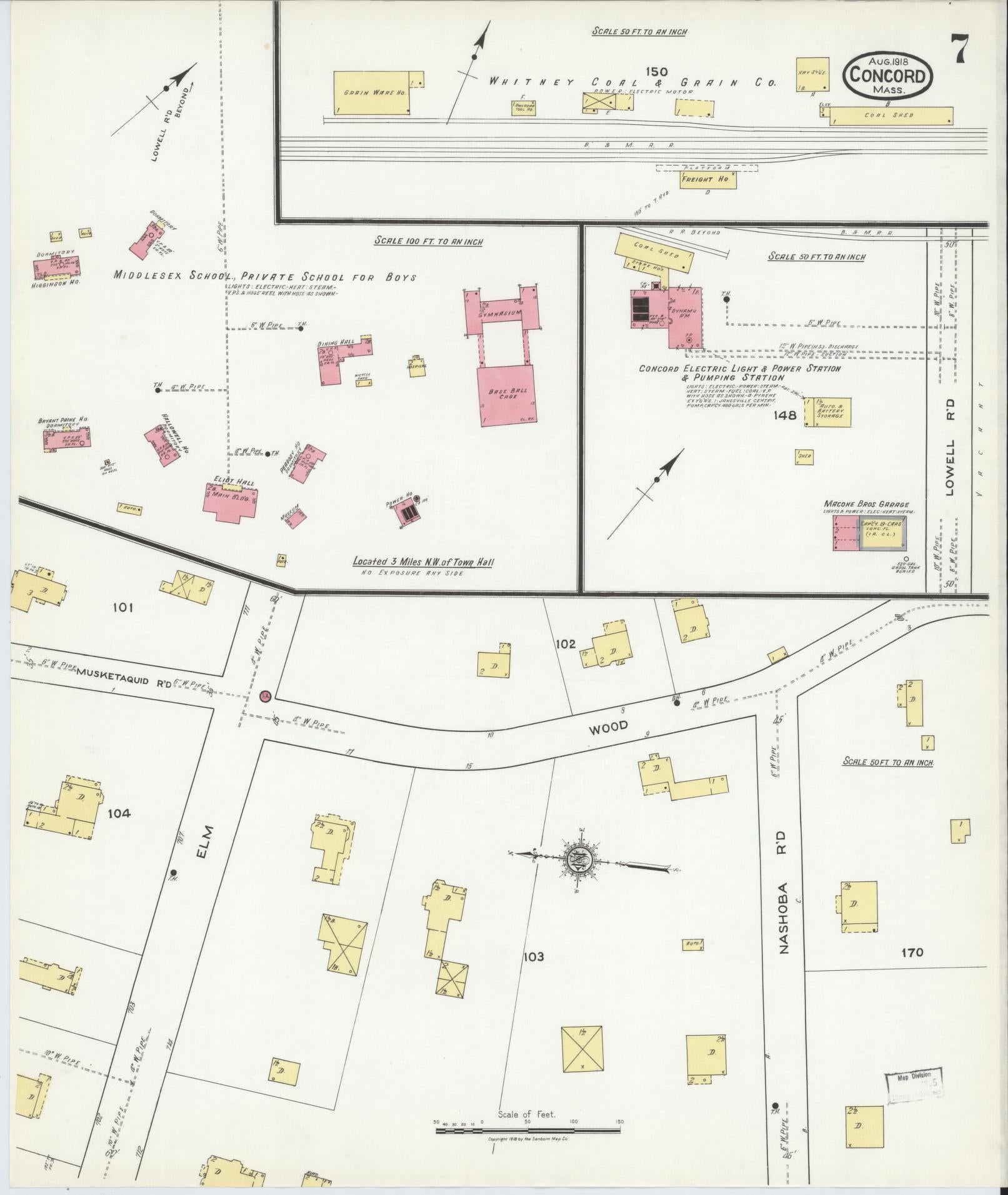 Sanborn Fire Insurance Map from Concord, Middlesex County, Massachusetts (1918), Sheet #0007 - Historic Sanborn Fire Insurance Map Print, vintage old map wall art, antique decor, genealogy gift, Massachusetts Massachusetts map