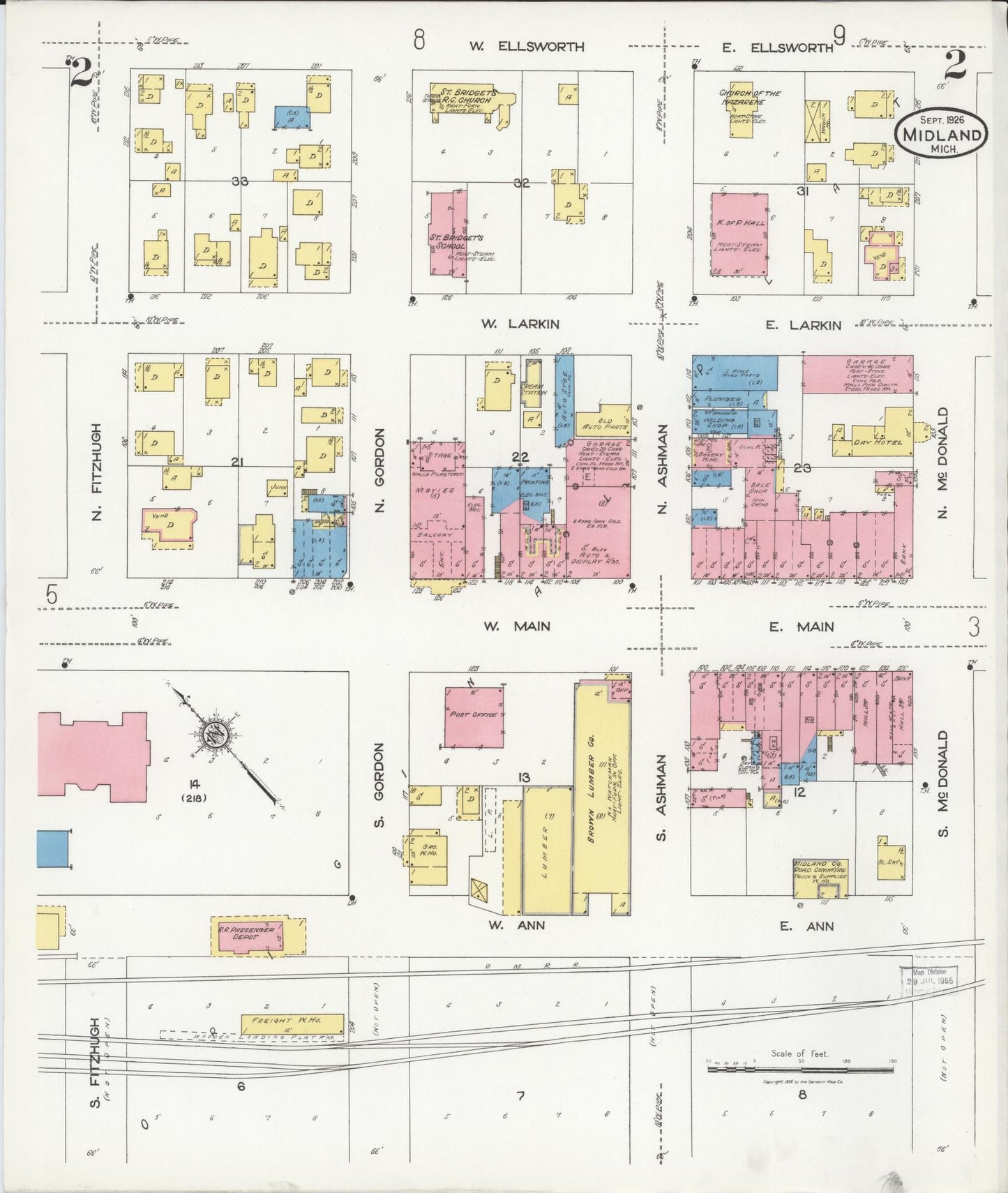 Sanborn Fire Insurance Map from Midland, Midland County, Michigan (1926), Sheet #0002 - Historic Sanborn Fire Insurance Map Print, vintage old map wall art, antique decor, genealogy gift, Michigan Michigan map