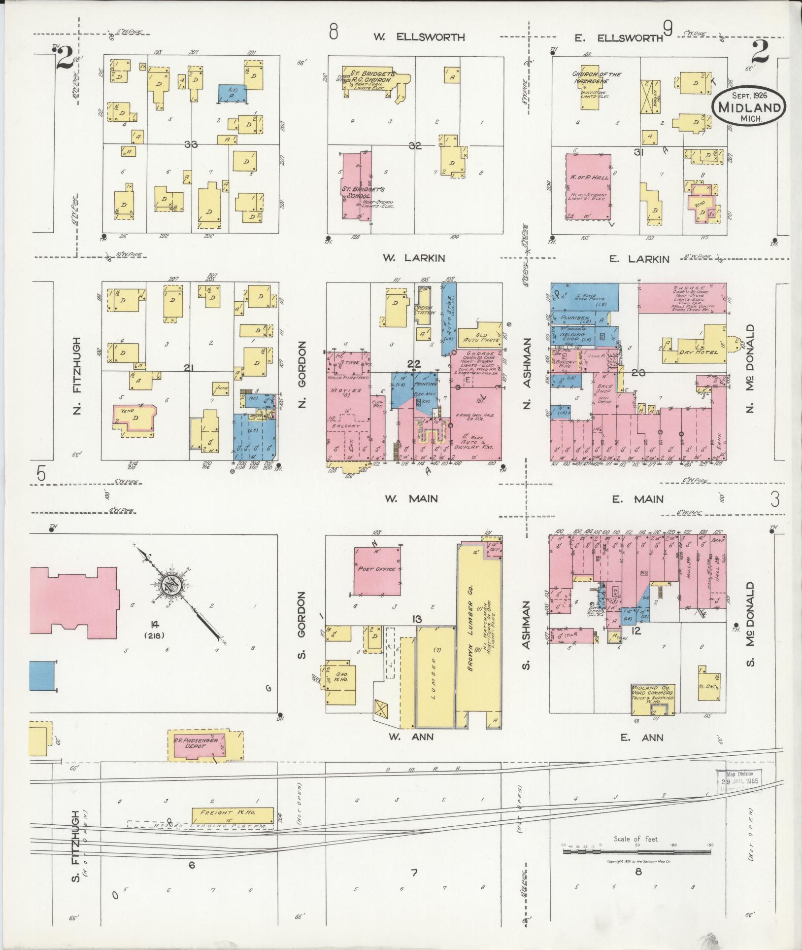 Sanborn Fire Insurance Map from Midland, Midland County, Michigan (1926), Sheet #0002 - Historic Sanborn Fire Insurance Map Print, vintage old map wall art, antique decor, genealogy gift, Michigan Michigan map