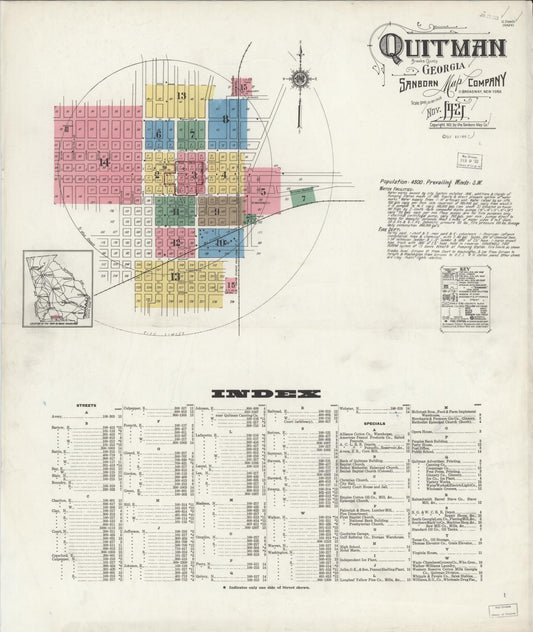 Sanborn Fire Insurance Map from Quitman, Brooks County, Georgia (1921), Sheet #0001 - Historic Sanborn Fire Insurance Map Print, vintage old map wall art, antique decor, genealogy gift, Georgia Georgia map
