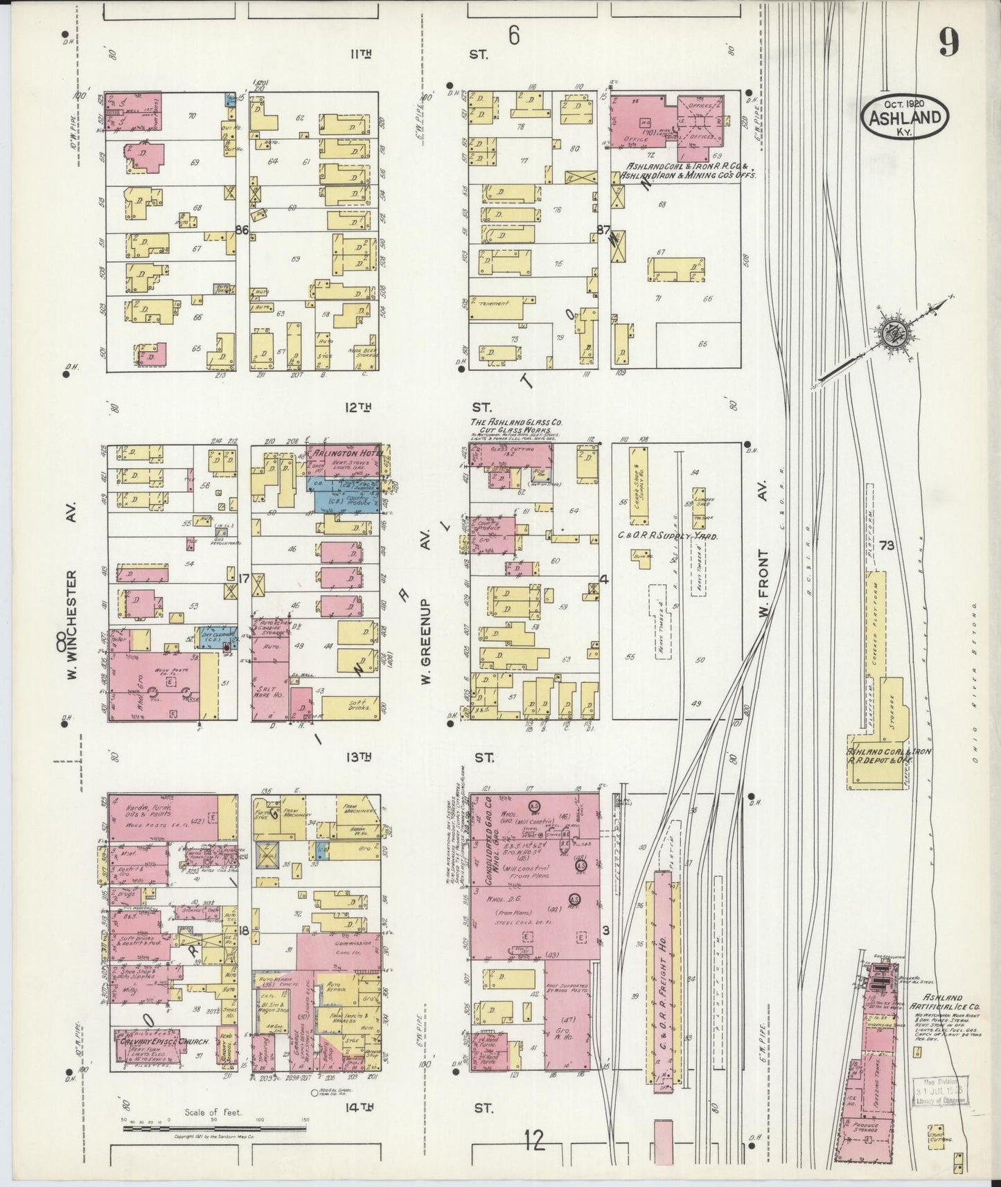 Sanborn Fire Insurance Map from Ashland, Boyd County, Kentucky (1920), Sheet #0009 - Historic Sanborn Fire Insurance Map Print, vintage old map wall art, antique decor, genealogy gift, Kentucky Kentucky map