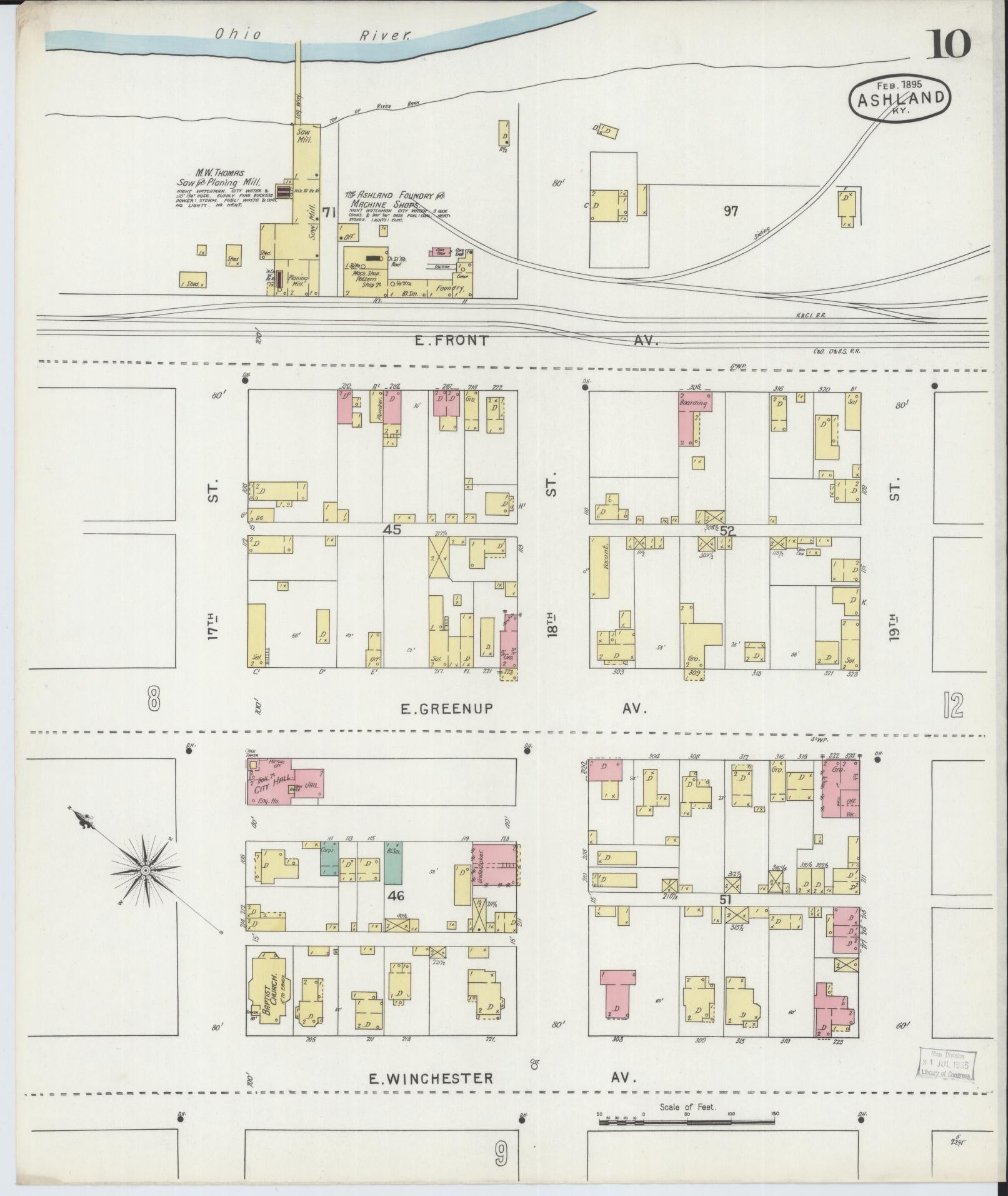 Sanborn Fire Insurance Map from Ashland, Boyd County, Kentucky (1895), Sheet #0010 - Historic Sanborn Fire Insurance Map Print, vintage old map wall art, antique decor, genealogy gift, Kentucky Kentucky map