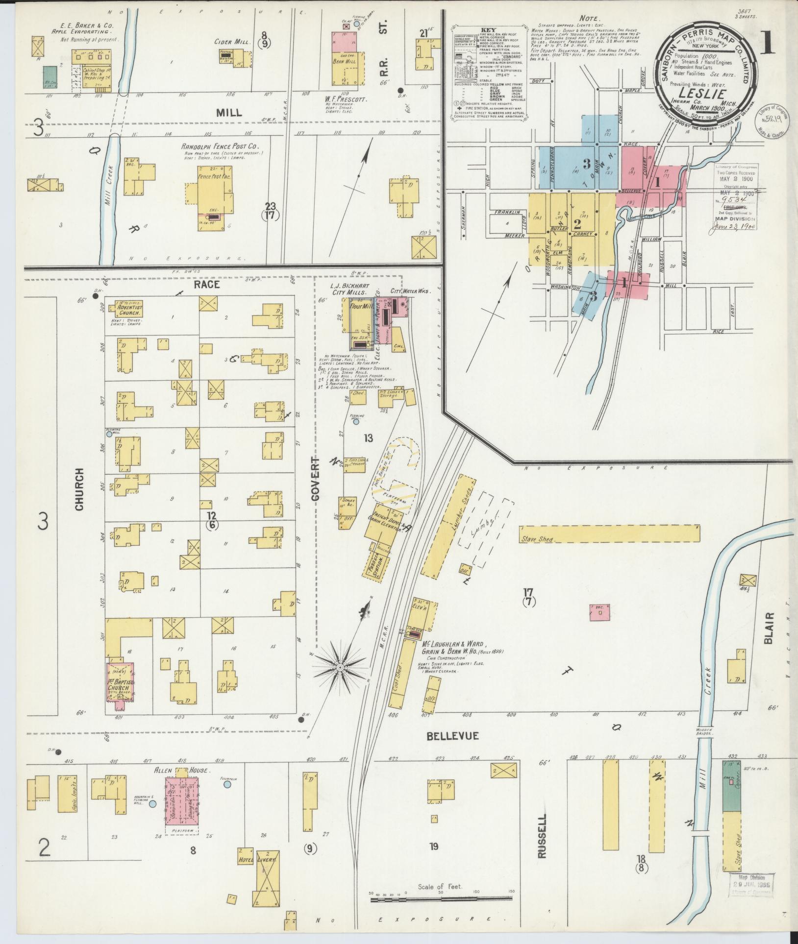 Sanborn Fire Insurance Map from Leslie, Ingham County, Michigan (1900), Sheet #0001 - Complete Map Set gallery image, historic Sanborn map, vintage wall art, Michigan Michigan