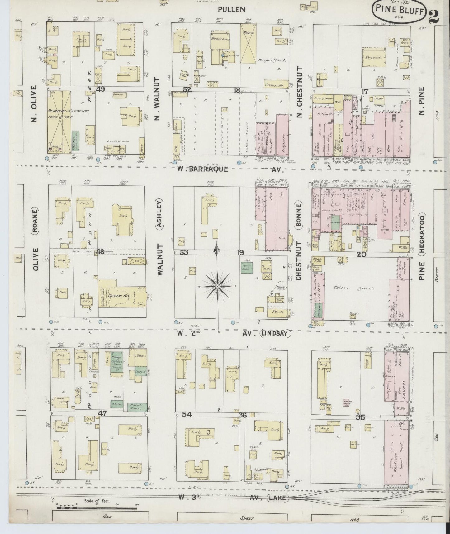 Sanborn Fire Insurance Map from Pine Bluff, Jefferson County, Arkansas (1889), Sheet #0002 - Historic Sanborn Fire Insurance Map Print, vintage old map wall art, antique decor, genealogy gift, Arkansas Arkansas map