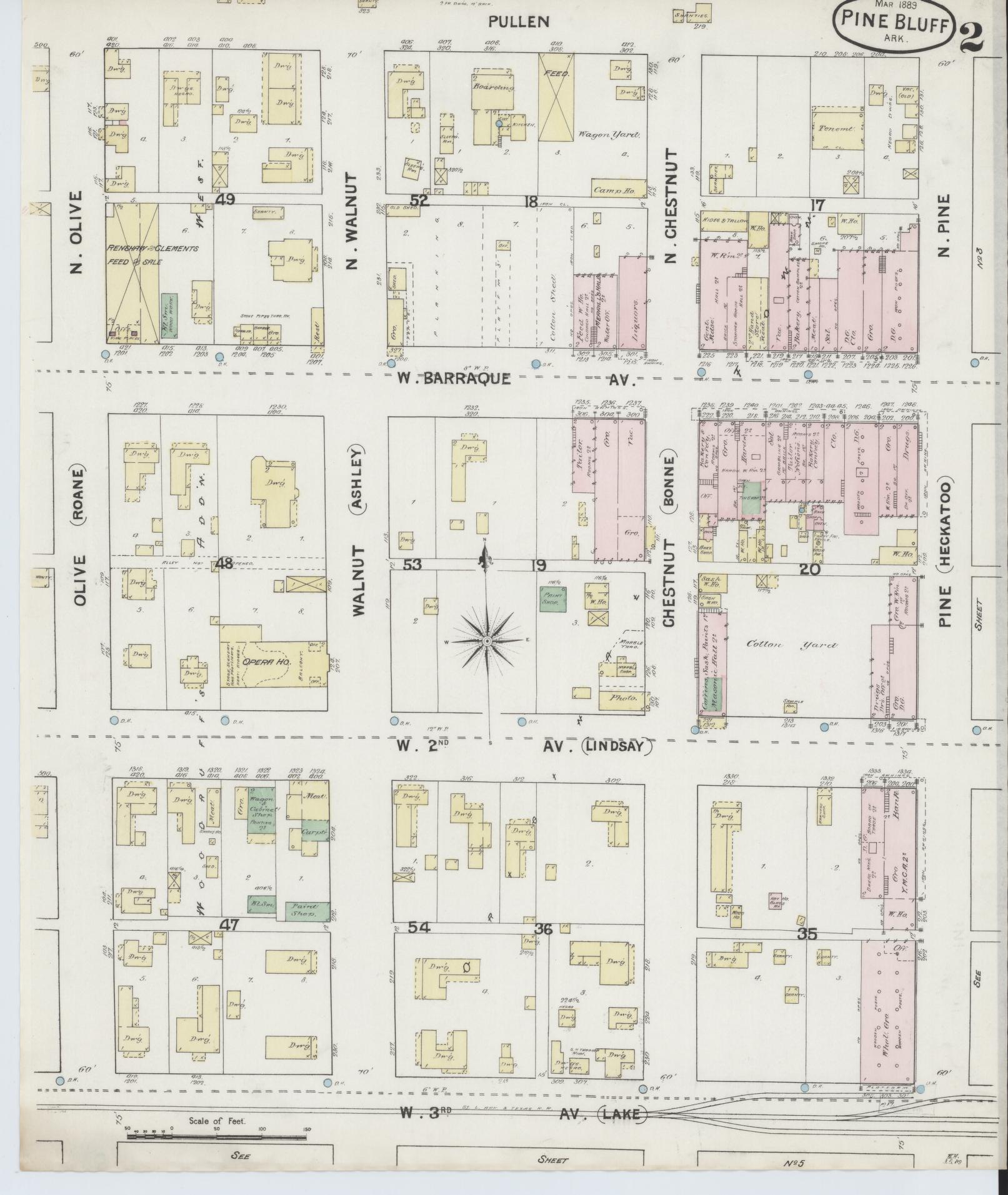 Sanborn Fire Insurance Map from Pine Bluff, Jefferson County, Arkansas (1889), Sheet #0002 - Historic Sanborn Fire Insurance Map Print, vintage old map wall art, antique decor, genealogy gift, Arkansas Arkansas map